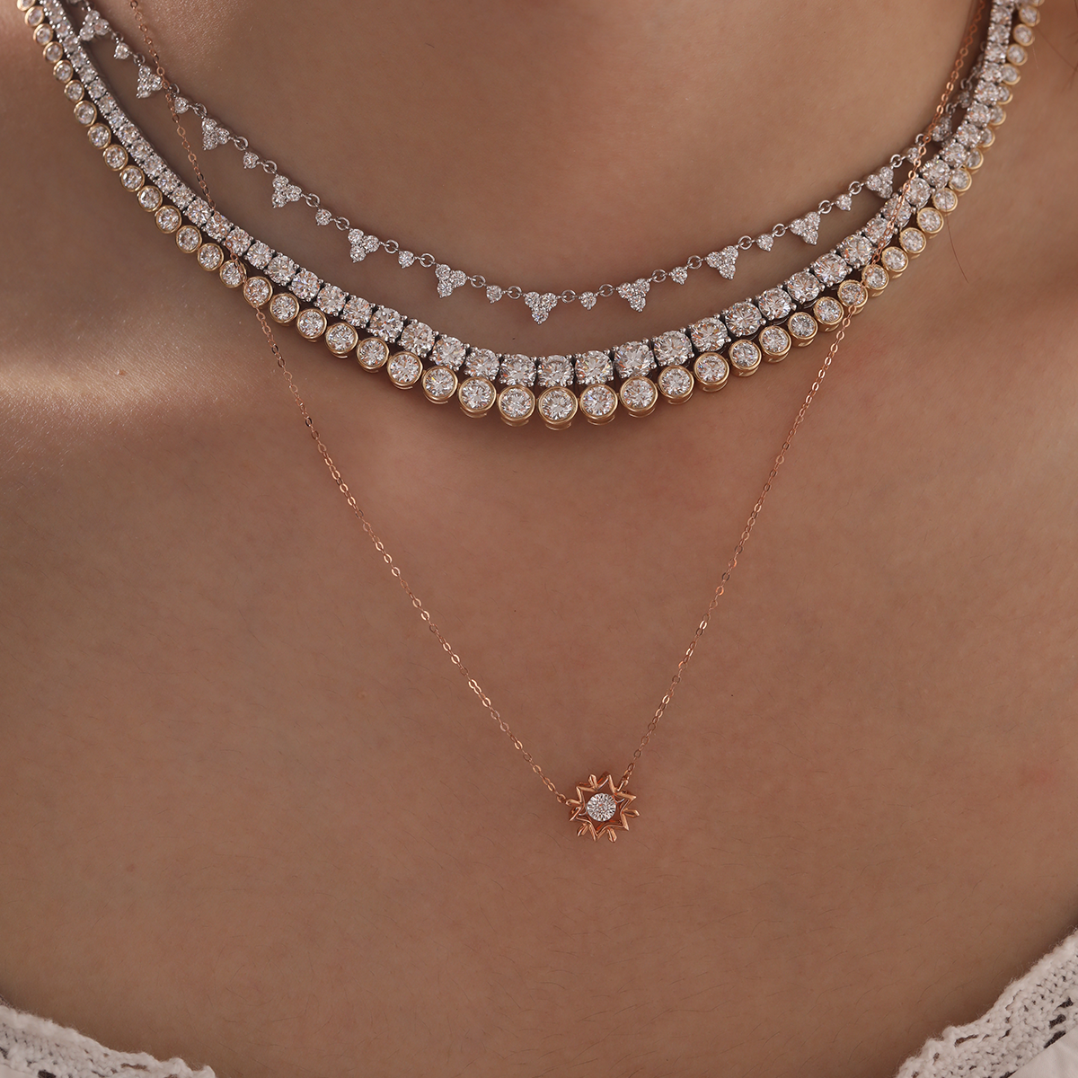 14K Rose Gold Round Lab Diamond Star Pendant Necklace with Round Lab Diamond in A Diamond-Cut Texture Halo