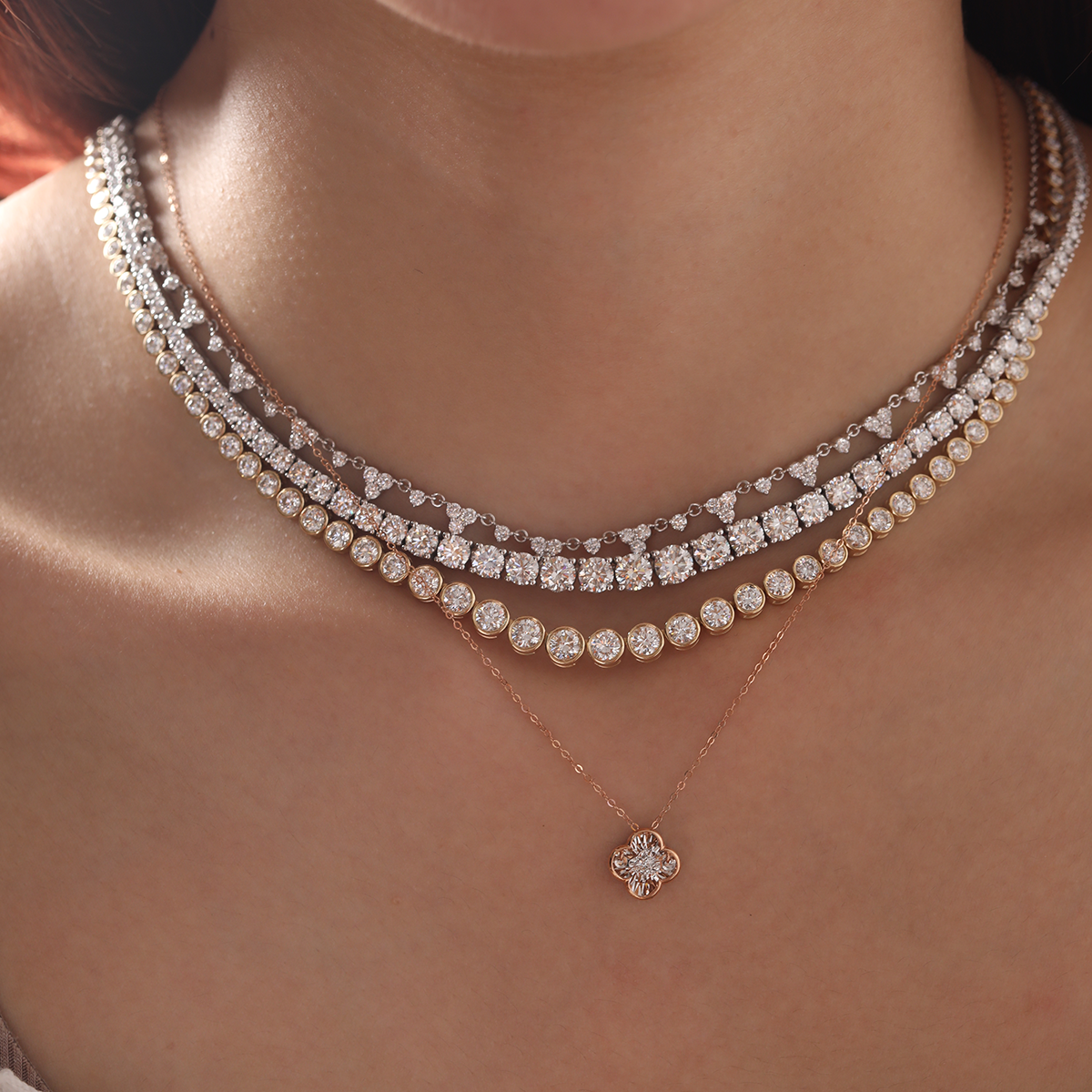 14K Rose Gold Clover Pendant Necklace with Round Lab Diamond in A Diamond-Cut Texture Halo