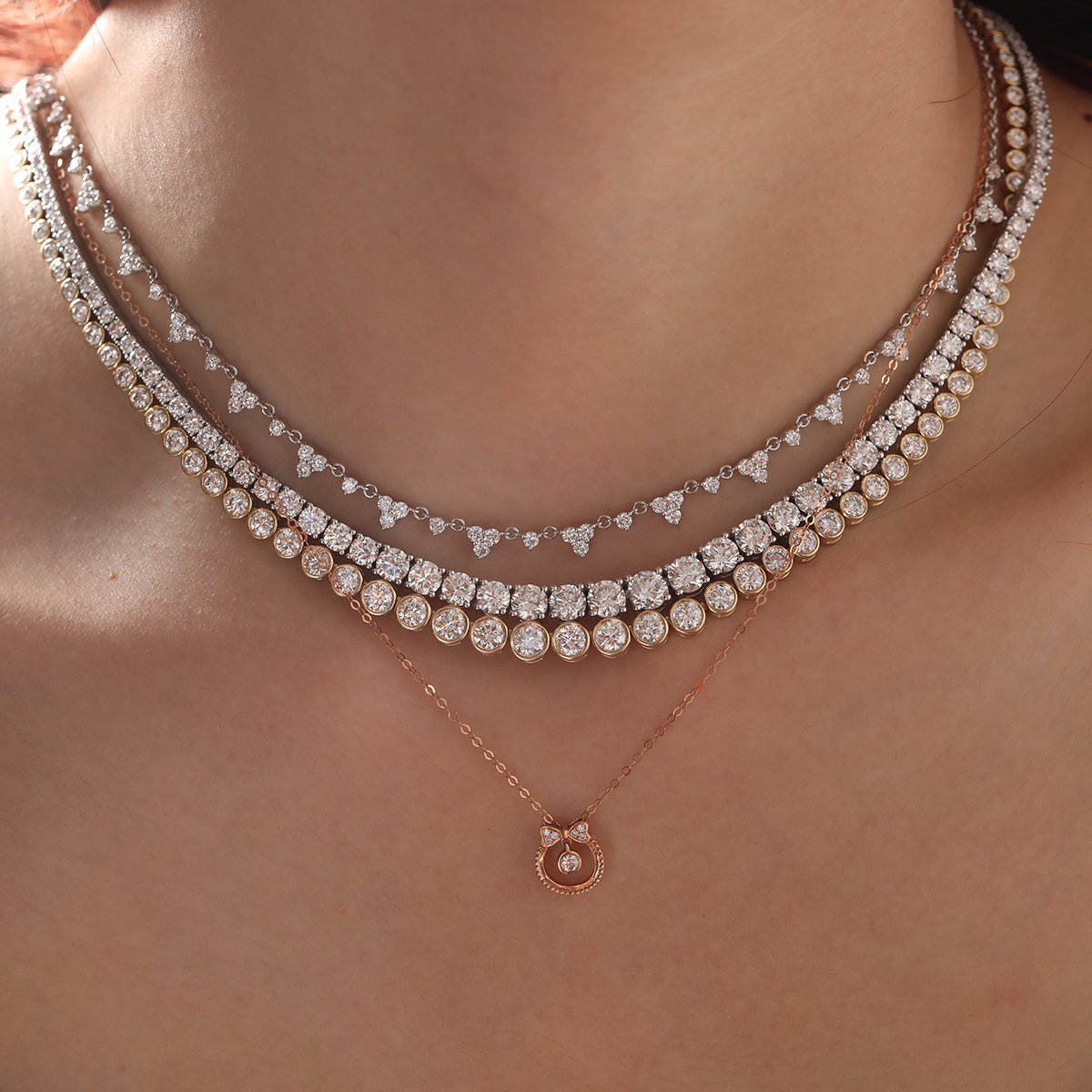 14K Rose Gold Bow Tie Pendant Necklace with Round Lab Dimaond