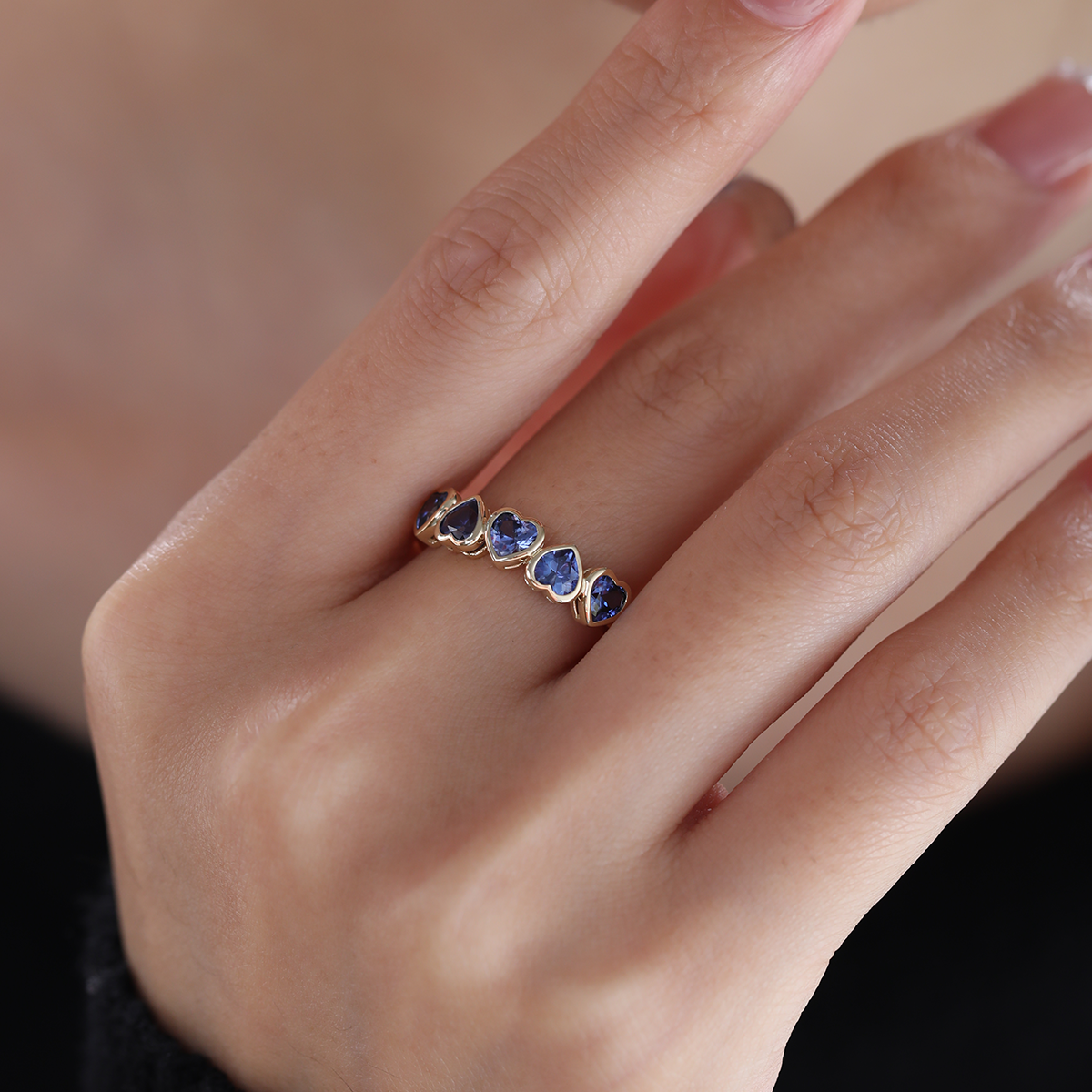 14K Yellow Gold Heart Shaped Lab Gems Bezel Half Eternity Ring Everyday Essential