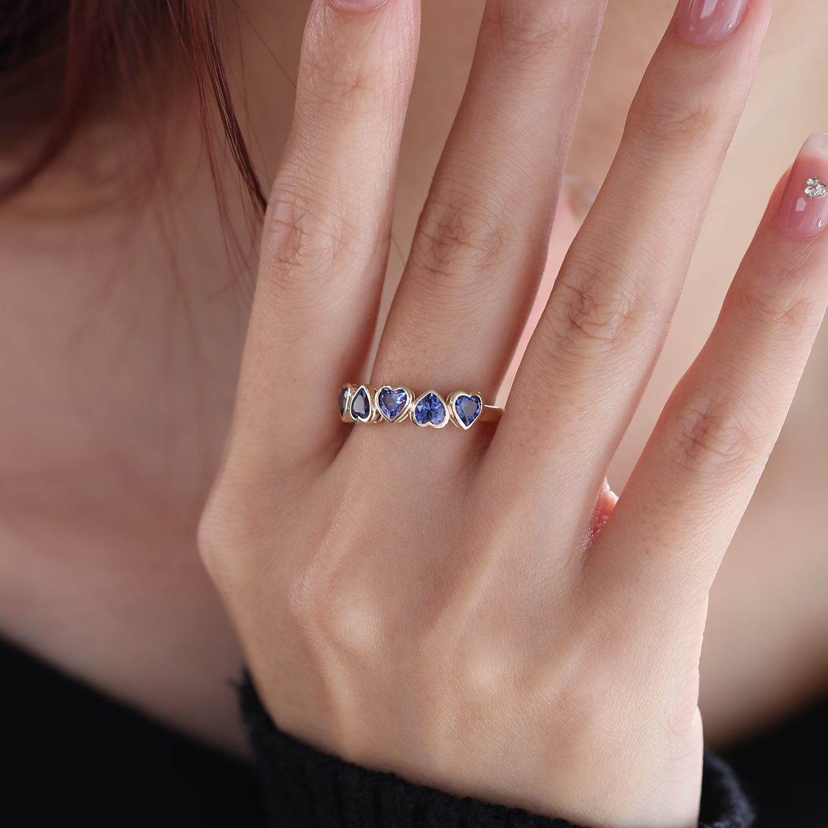 14K Yellow Gold Heart Shaped Lab Gems Bezel Half Eternity Ring Everyday Essential