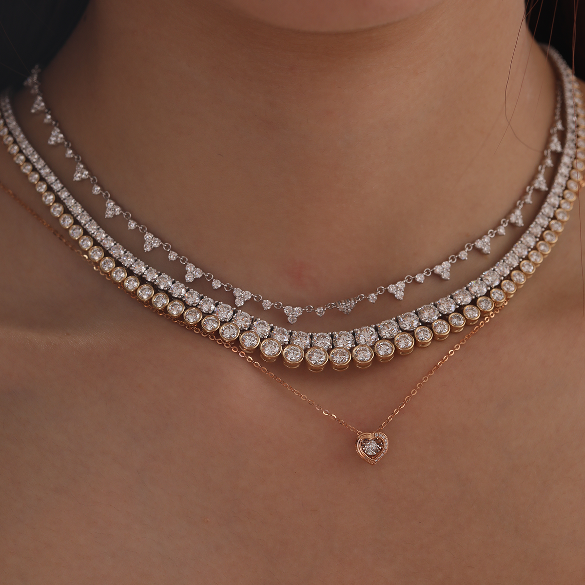 14K Rose Gold Heart Shape Pendant Necklace with Round Lab Diamond Pave