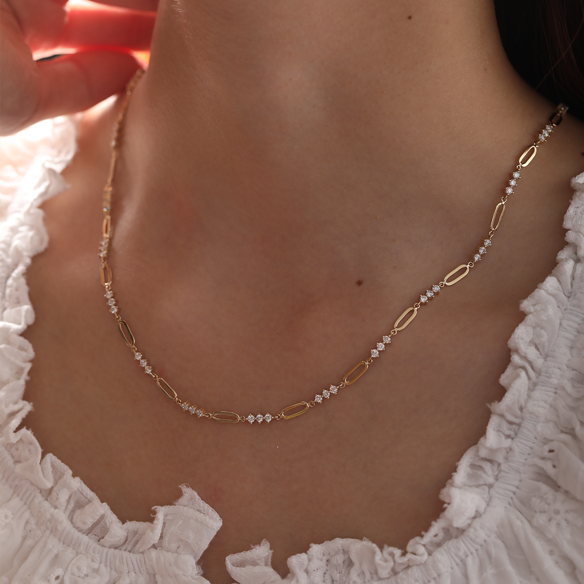 14K Yellow Gold 2mm Round Lab Diamond Cross Squashed Chain Station Necklace