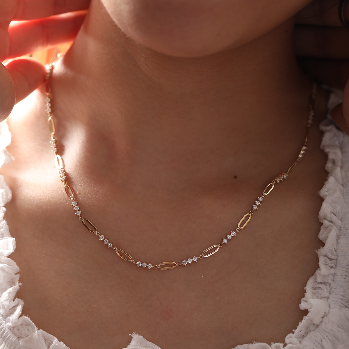 14K Yellow Gold 2mm Round Lab Diamond Cross Squashed Chain Station Necklace