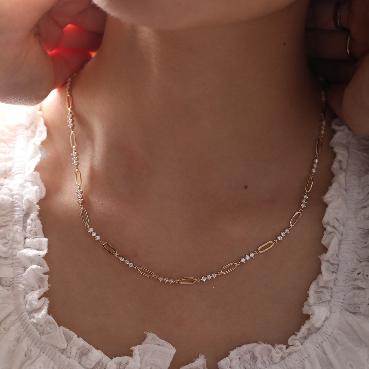 14K Yellow Gold 2mm Round Lab Diamond Cross Squashed Chain Station Necklace
