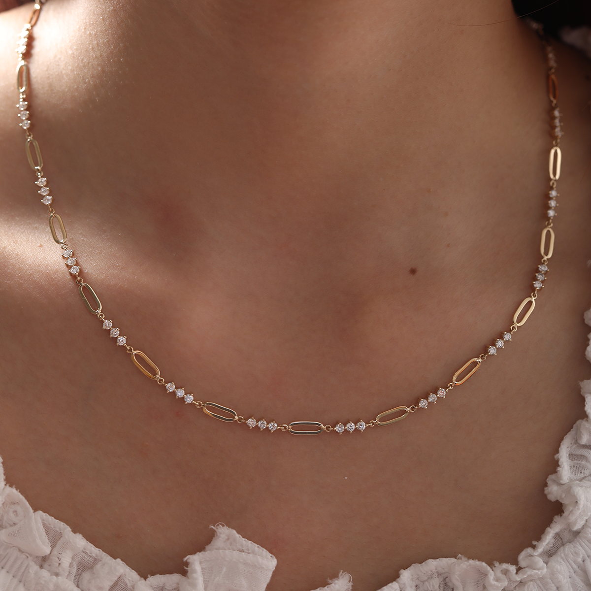 14K Yellow Gold 2mm Round Lab Diamond Cross Squashed Chain Station Necklace