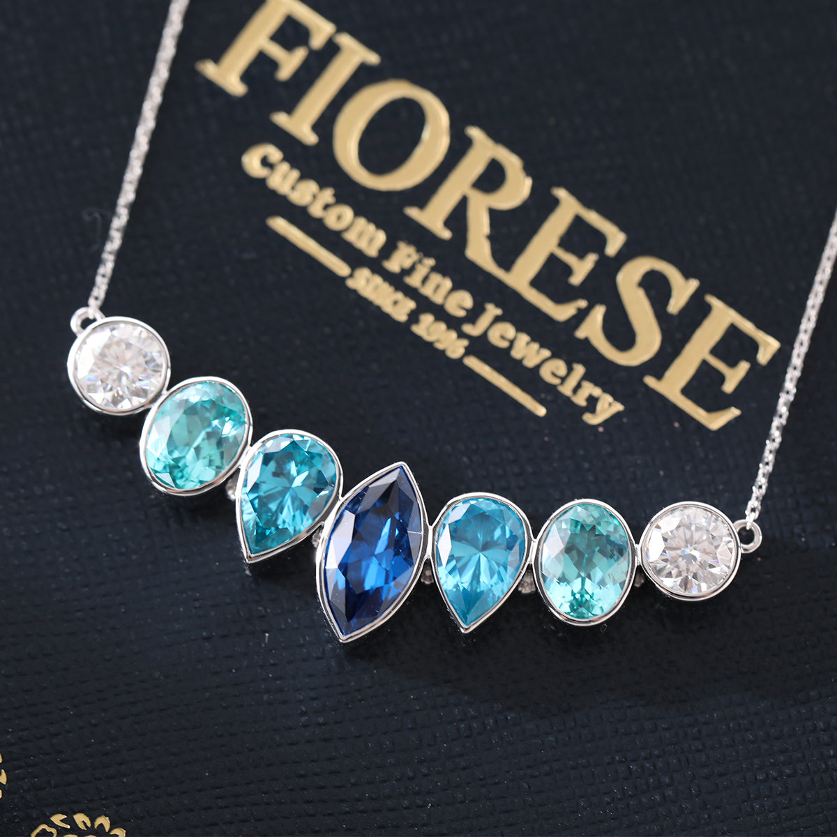 14K White Gold Fancy Shape Gems Bezel Pendant Necklace