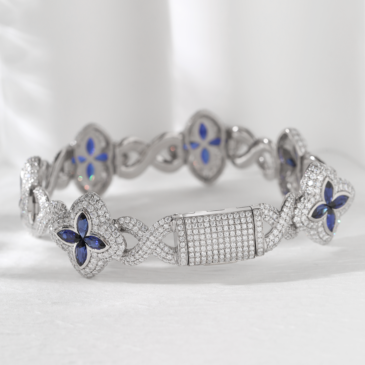 14K White Gold Round Lab Diamond Bracelet with Pear Lab Sapphire – Art Nouveau Nature-Inspired Eternal Fleur Blue Design