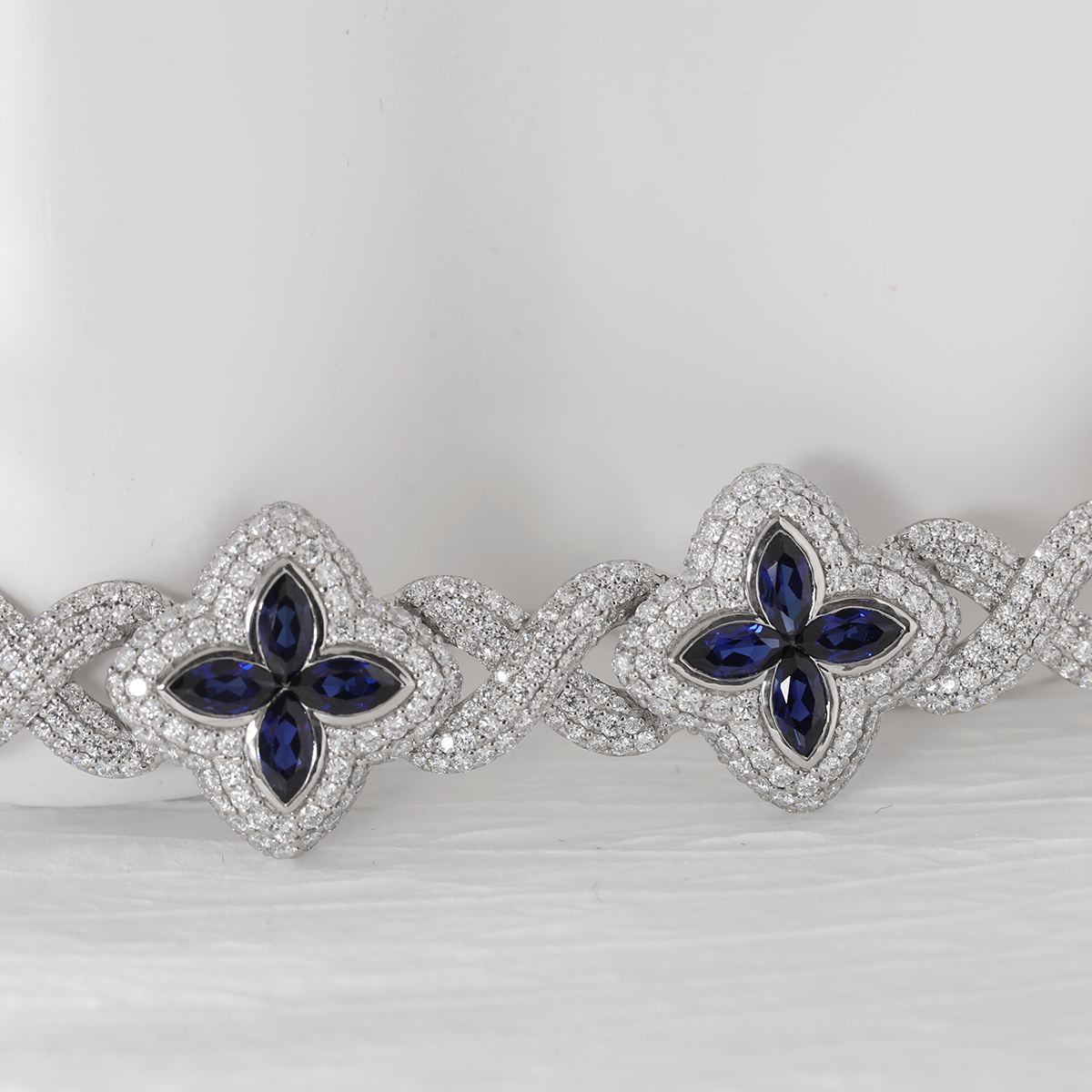 14K White Gold Round Lab Diamond Bracelet with Pear Lab Sapphire – Art Nouveau Nature-Inspired Eternal Fleur Blue Design