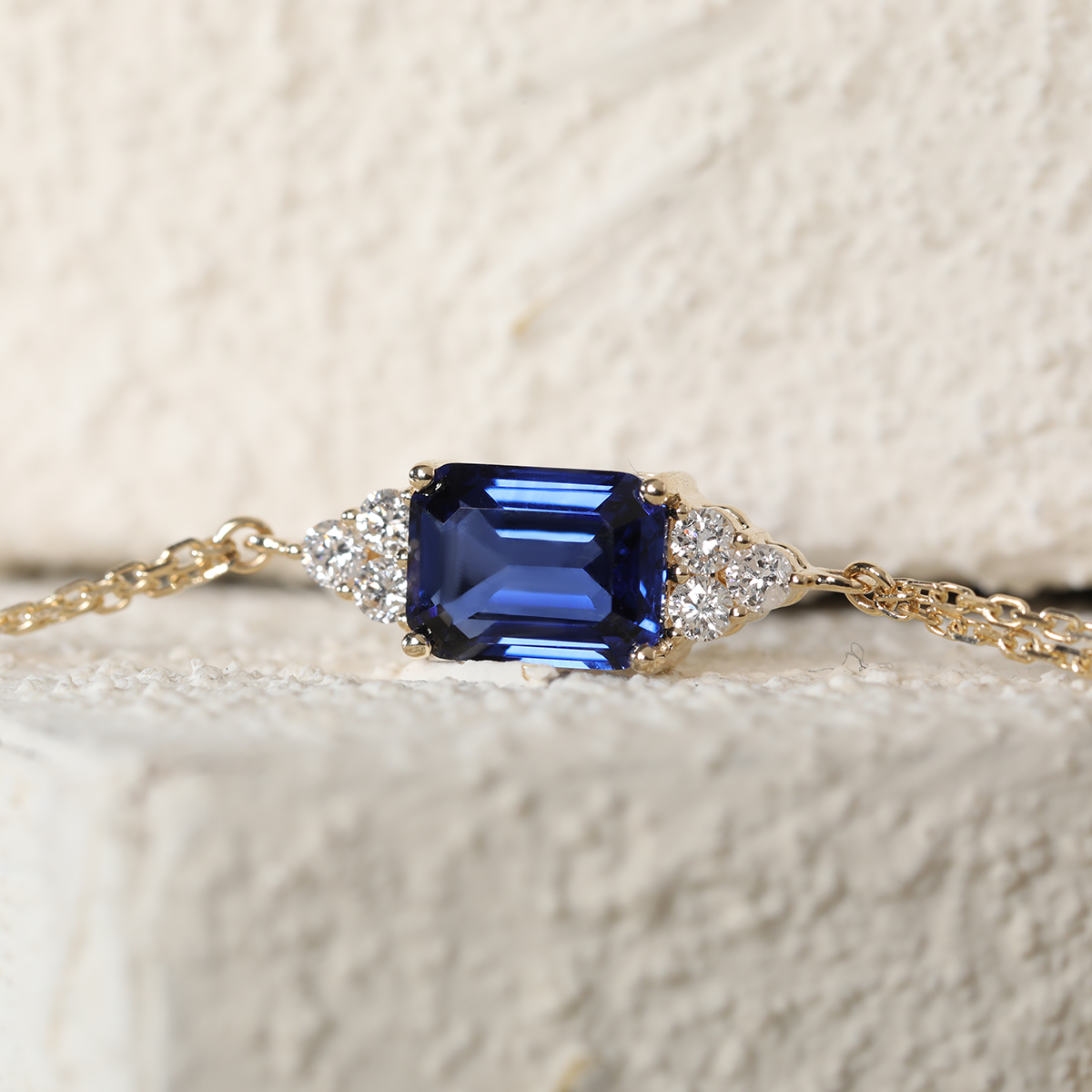 14K Yellow Gold 2ct Royal Blue Lab Sapphire Chain Bracelet with Round Lab Diamond Side-stones