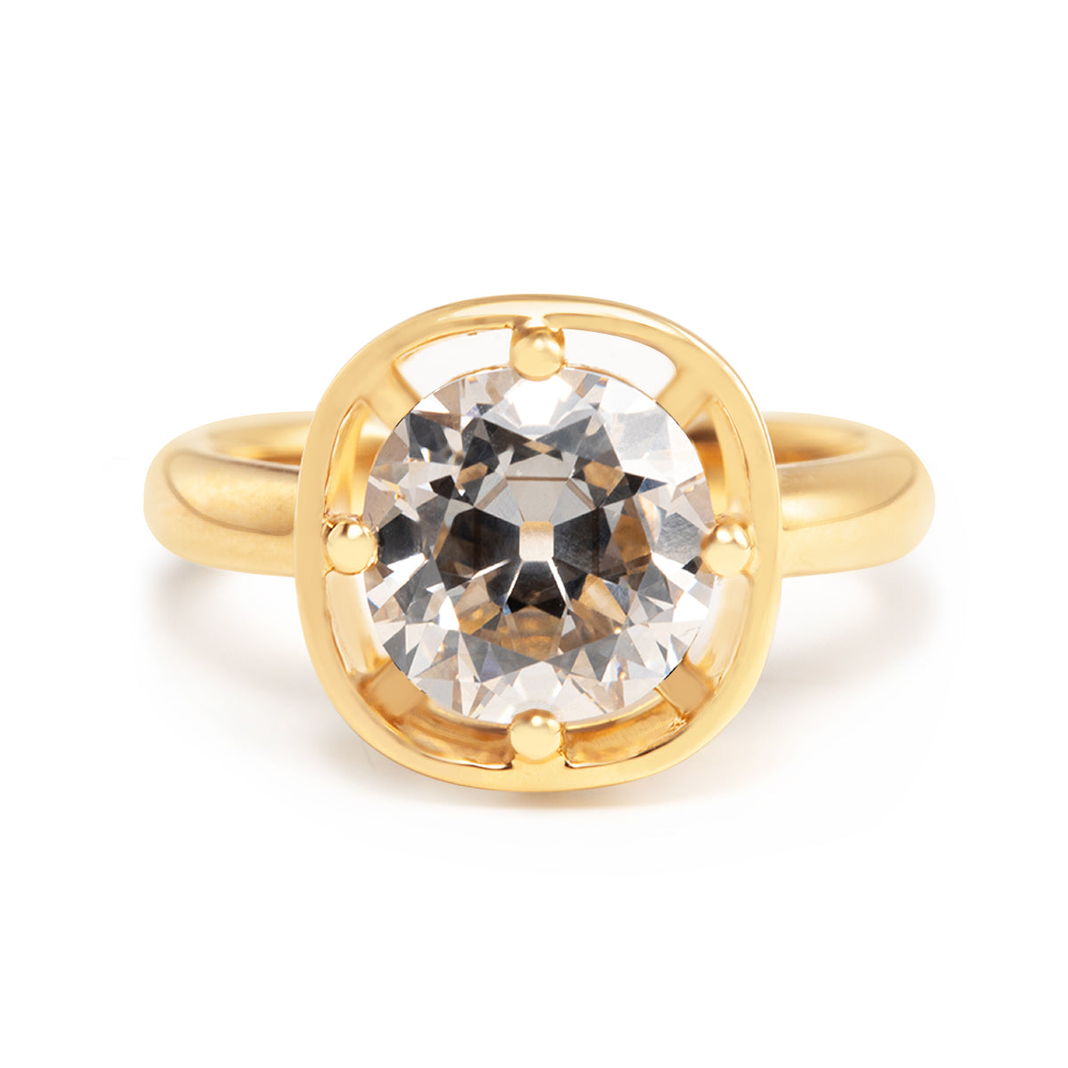 14K Yellow Gold 2.5ct Antique Old Mine Cut Diamond Basket Setting Ring with Smooth Ring Cut Design
