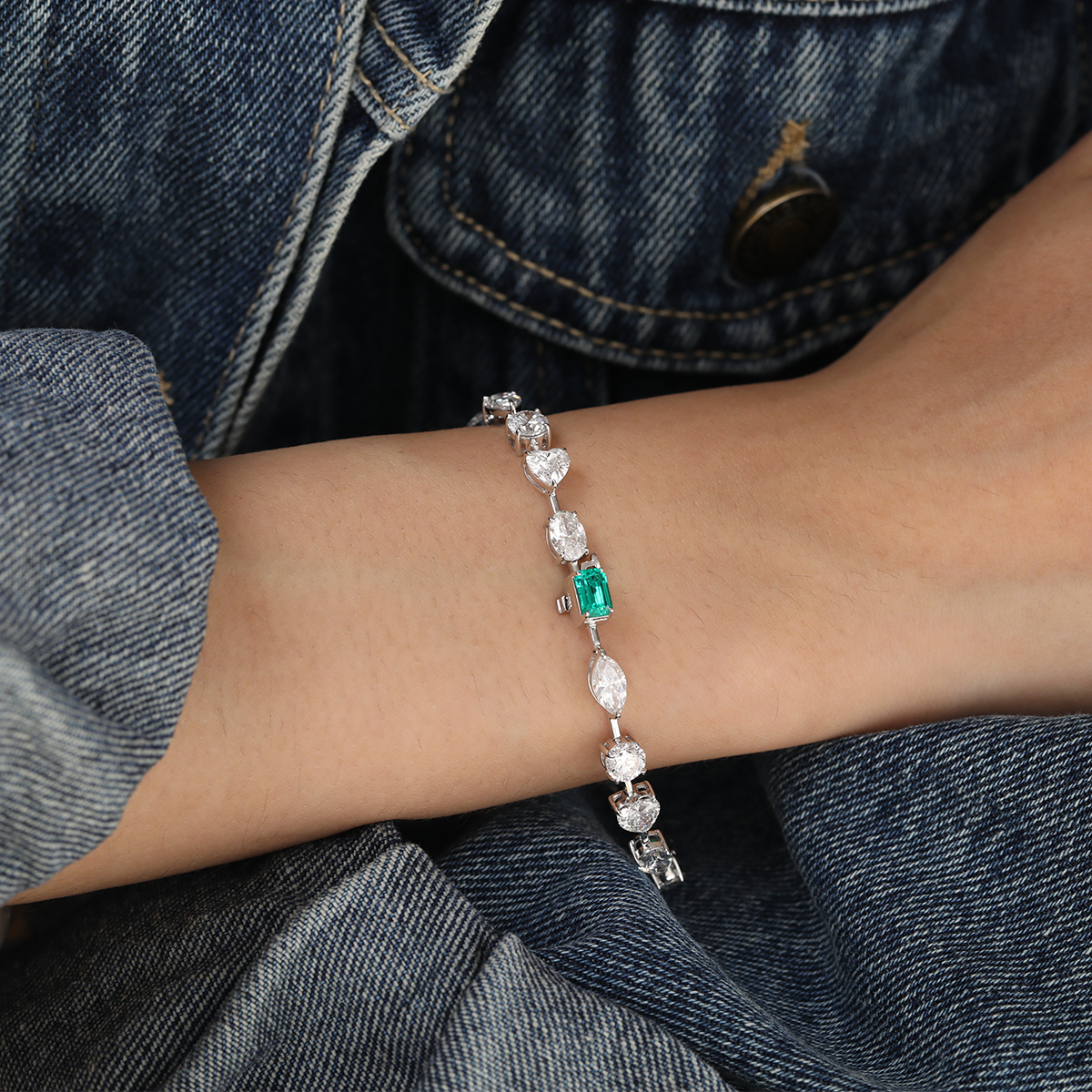14K White Gold 10 ct tw 6 Shapes Lab Diamond & Lab Emerald Tennis Bracelet