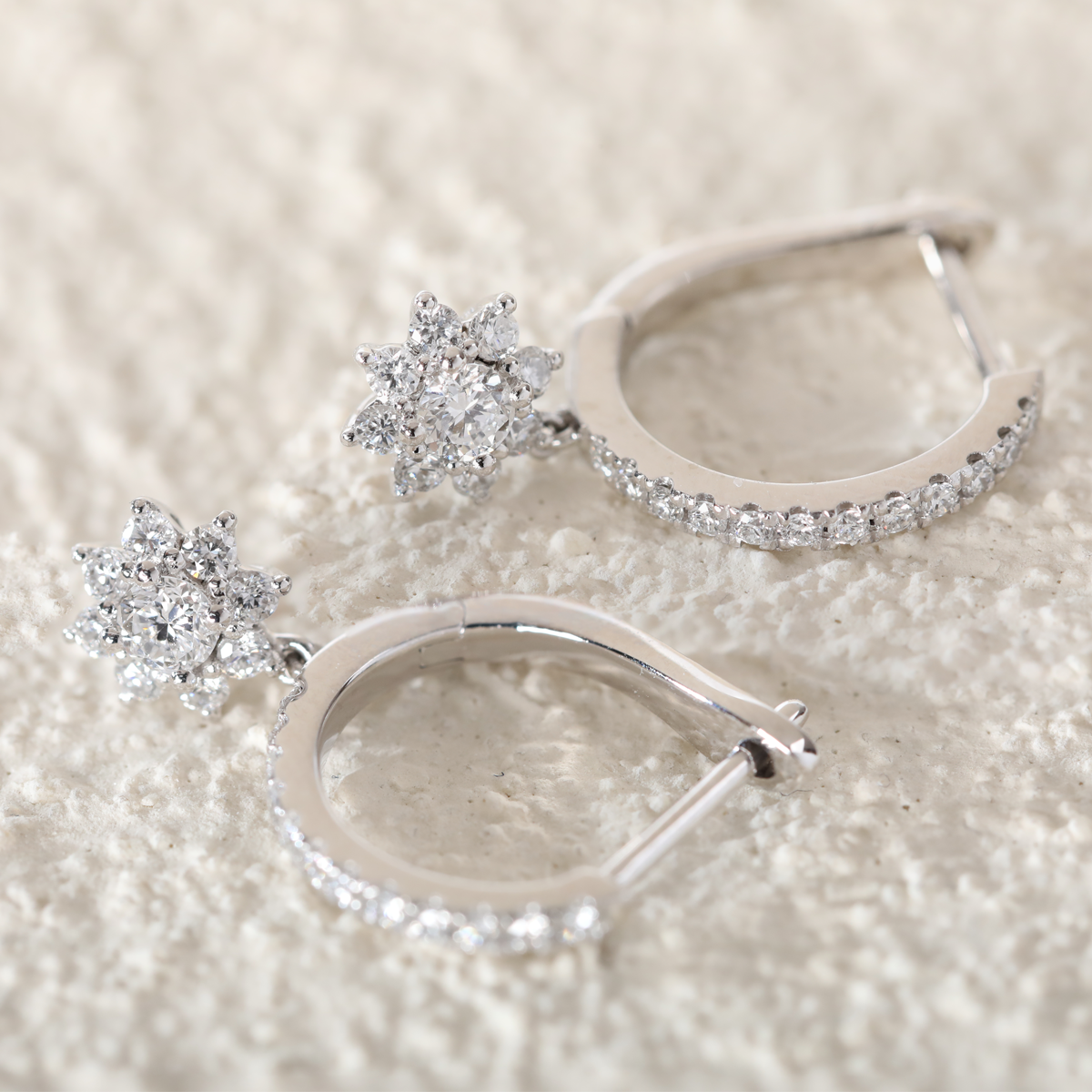 Platinum Round Lab Diamond Floral Hoop Earrings