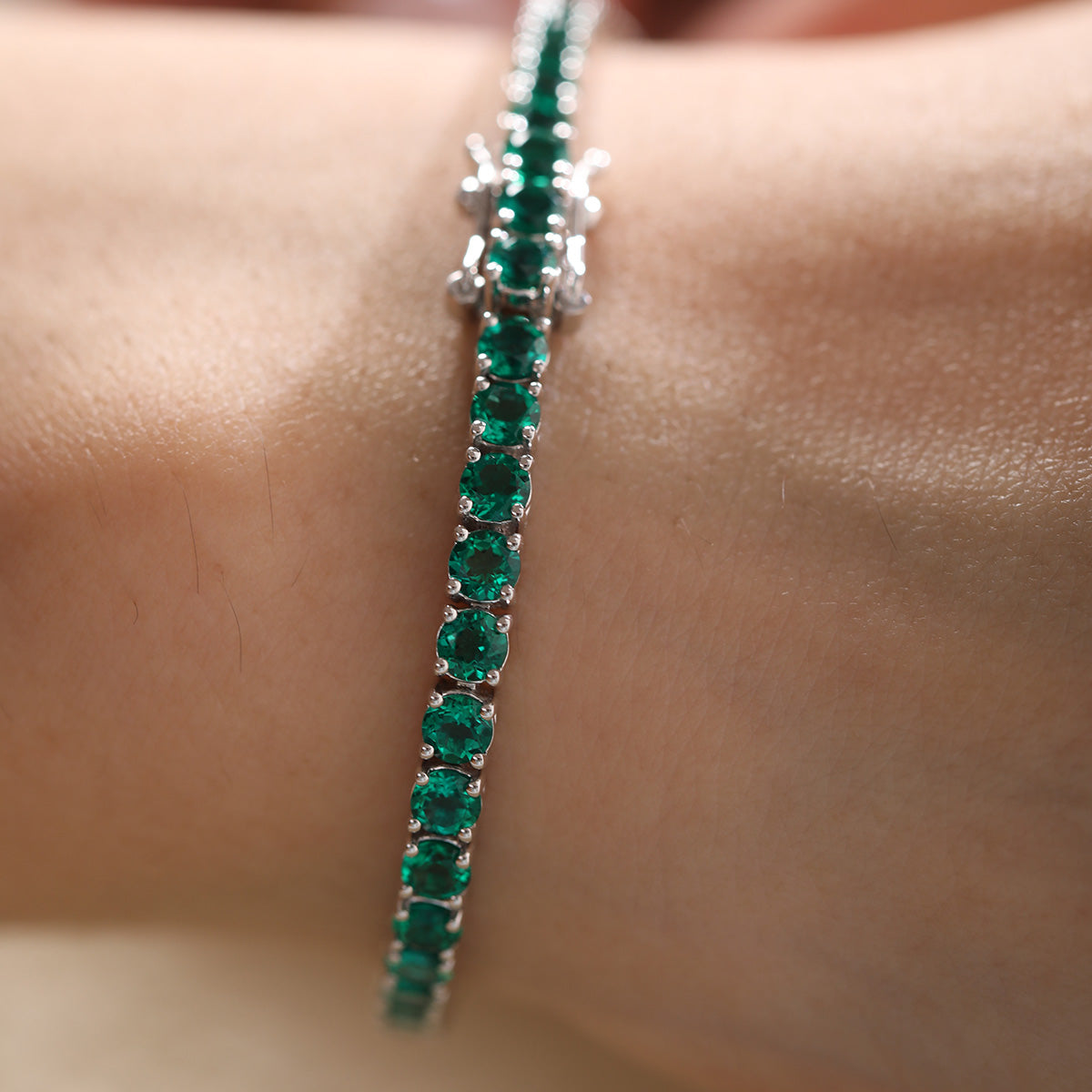 14K White Gold 5ct tw Round Zambian Lab Emerald 4 Prong Basket Tennis Bracelet