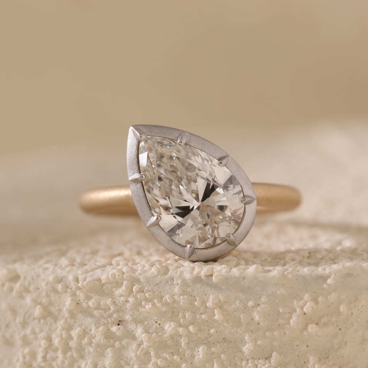 14K Yellow Gold 3ct Pear Shaped Lab Diamond Matte Ring with White Gold Bezel