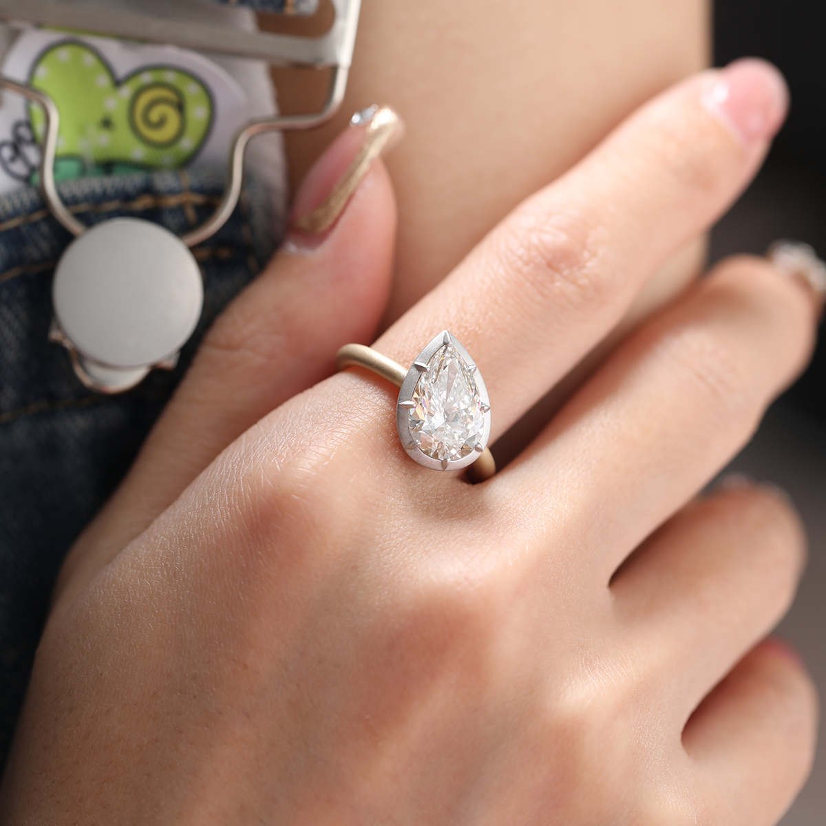 14K Yellow Gold 3ct Pear Shaped Lab Diamond Matte Ring with White Gold Bezel