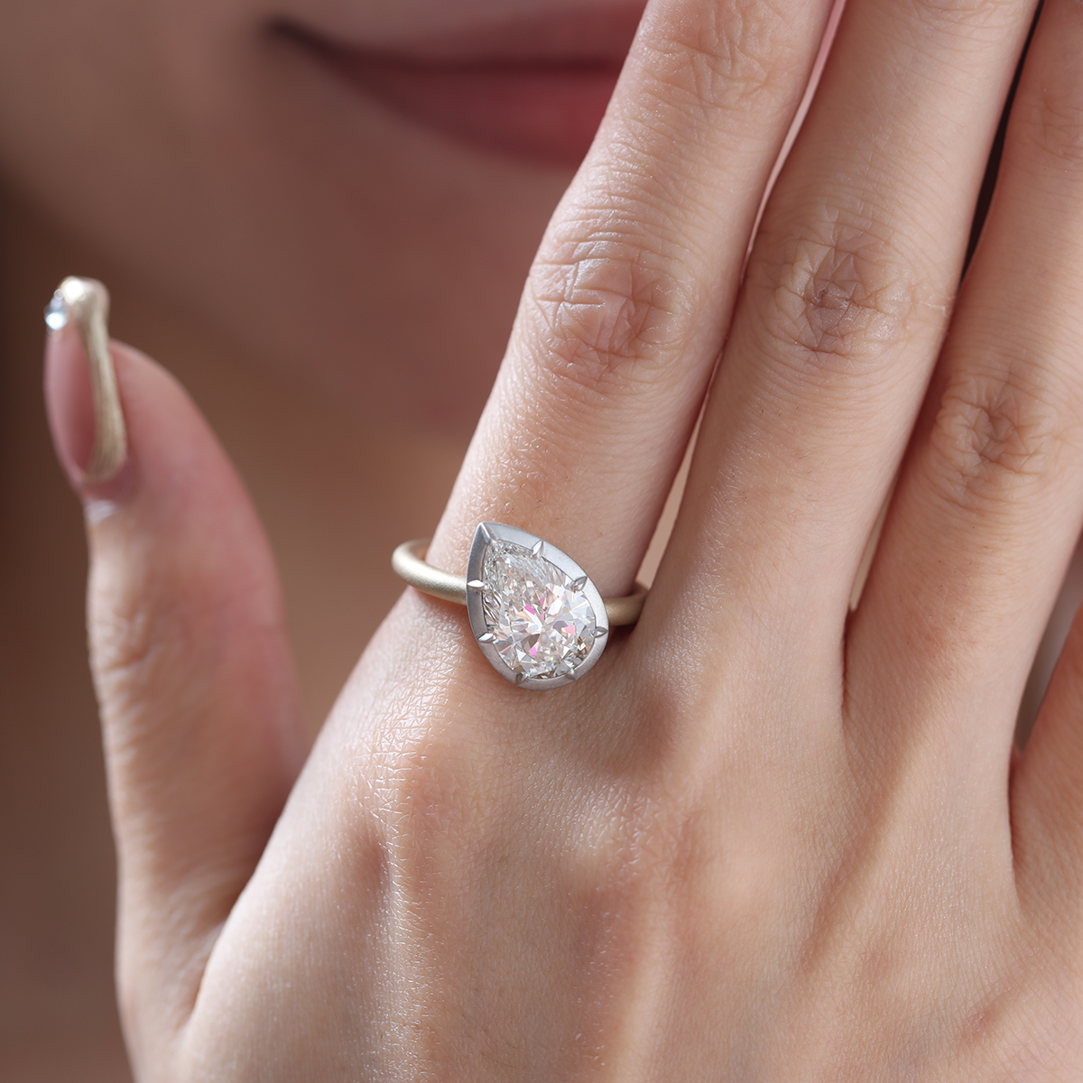 14K Yellow Gold 3ct Pear Shaped Lab Diamond Matte Ring with White Gold Bezel