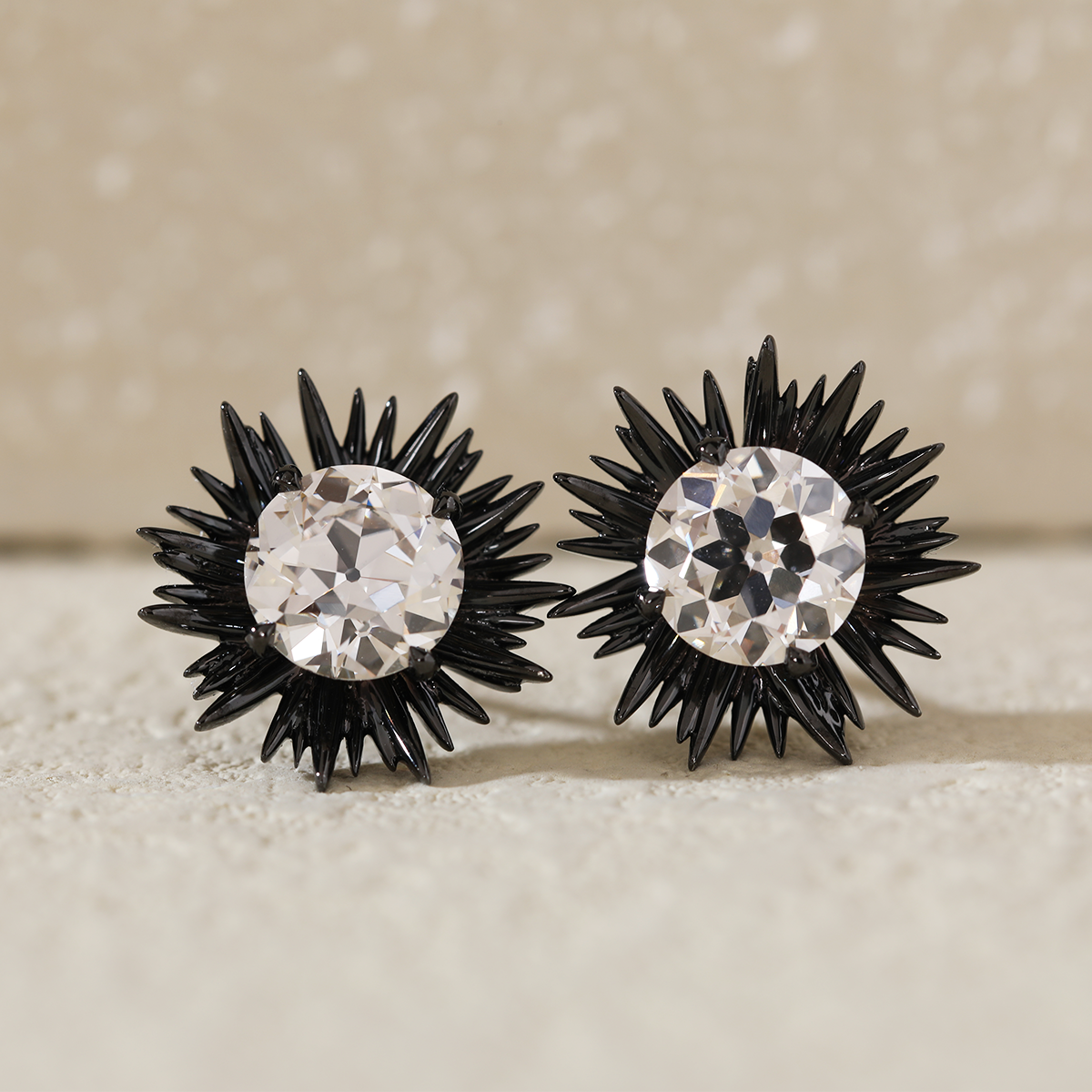 14K Gold with Black Rhodium Plated 2 ct tw Old European Cut Lab Dimaond Sea Urchin Nature-Inspired Stud Earrings