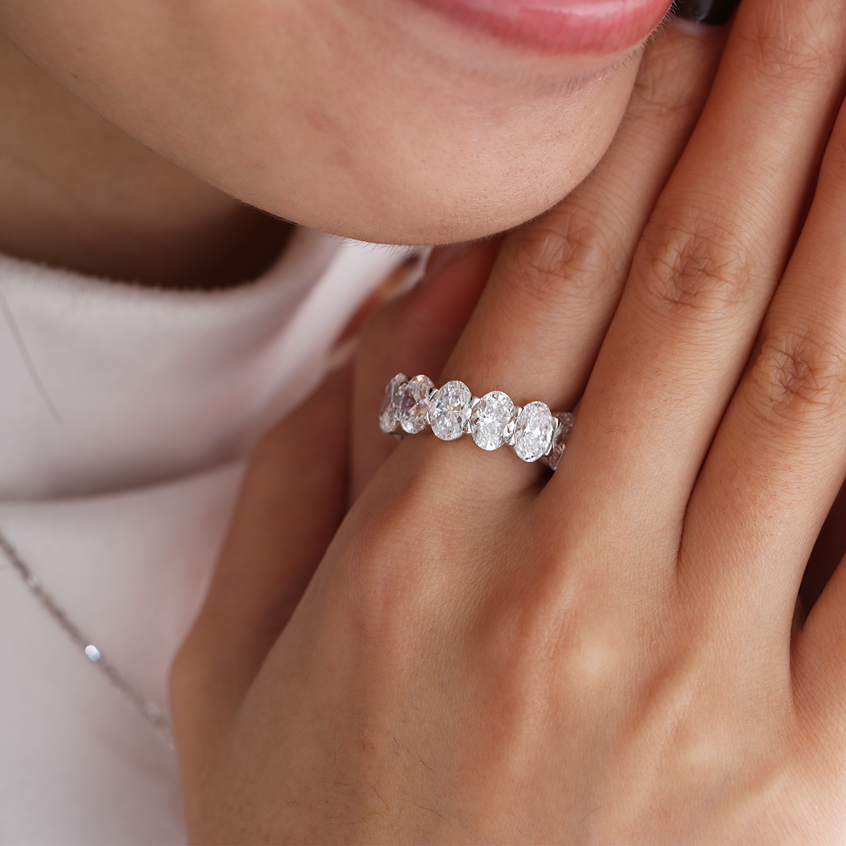 14K White Gold 7*5mm Oval Cut Lab Diamond Eternity Ring