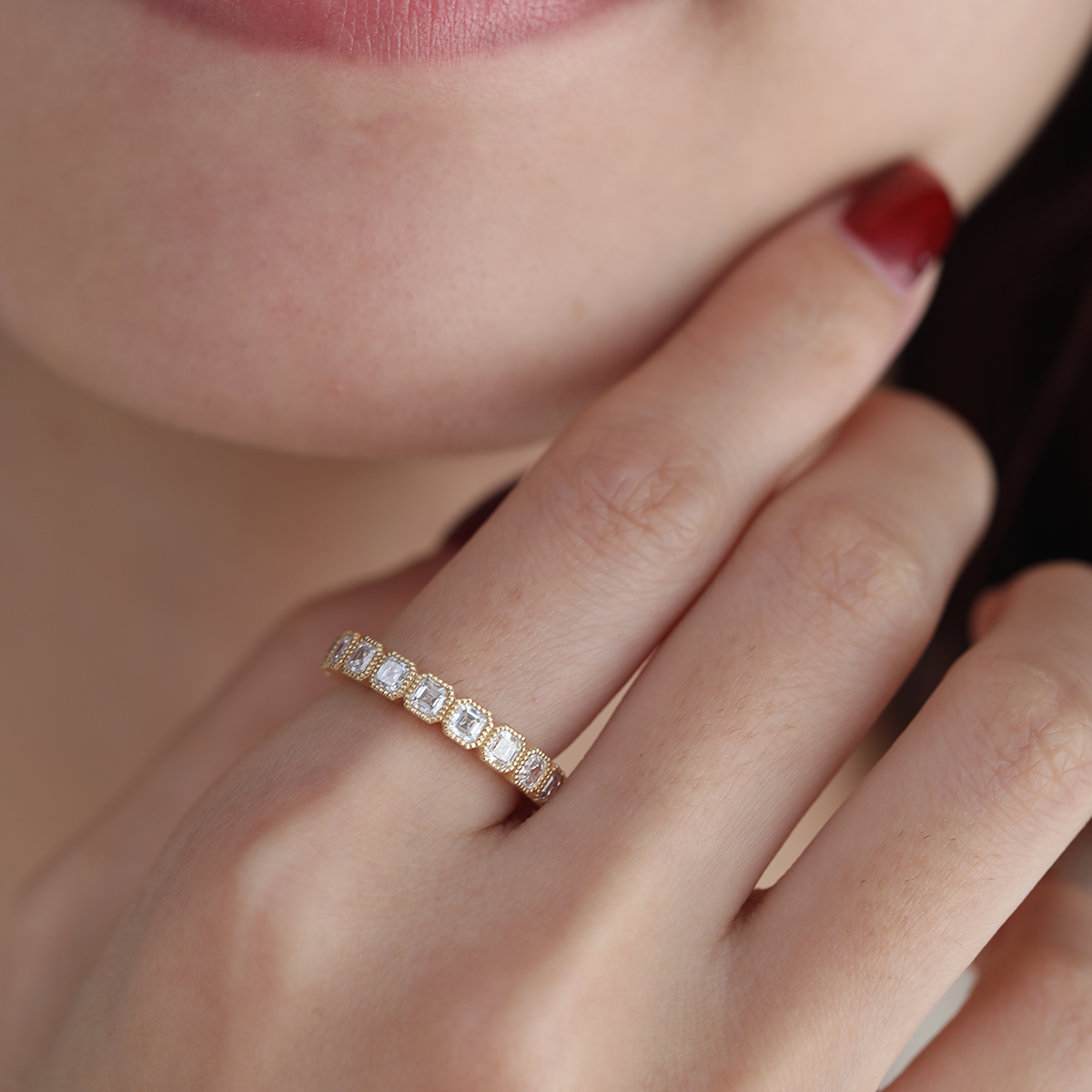 18K Yellow Gold Asscher Cut Lab Diamond Millegrain Bezel Eternity Ring