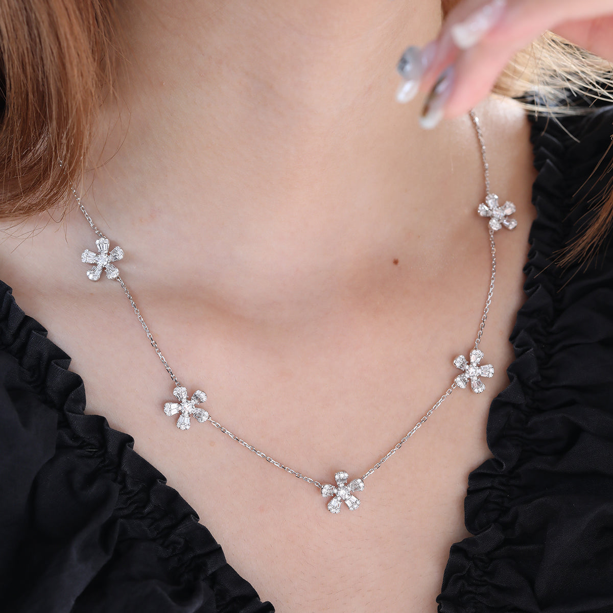 14K White Gold 5-Flower Station Necklace with Round and Baguette Cut Lab Diamonds