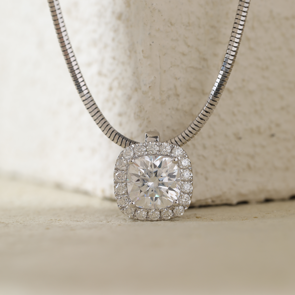 14K White Gold 2ct Cushion Lab Diamond Pendant Necklace with Round Lab Diamond Halo and Snake Chain