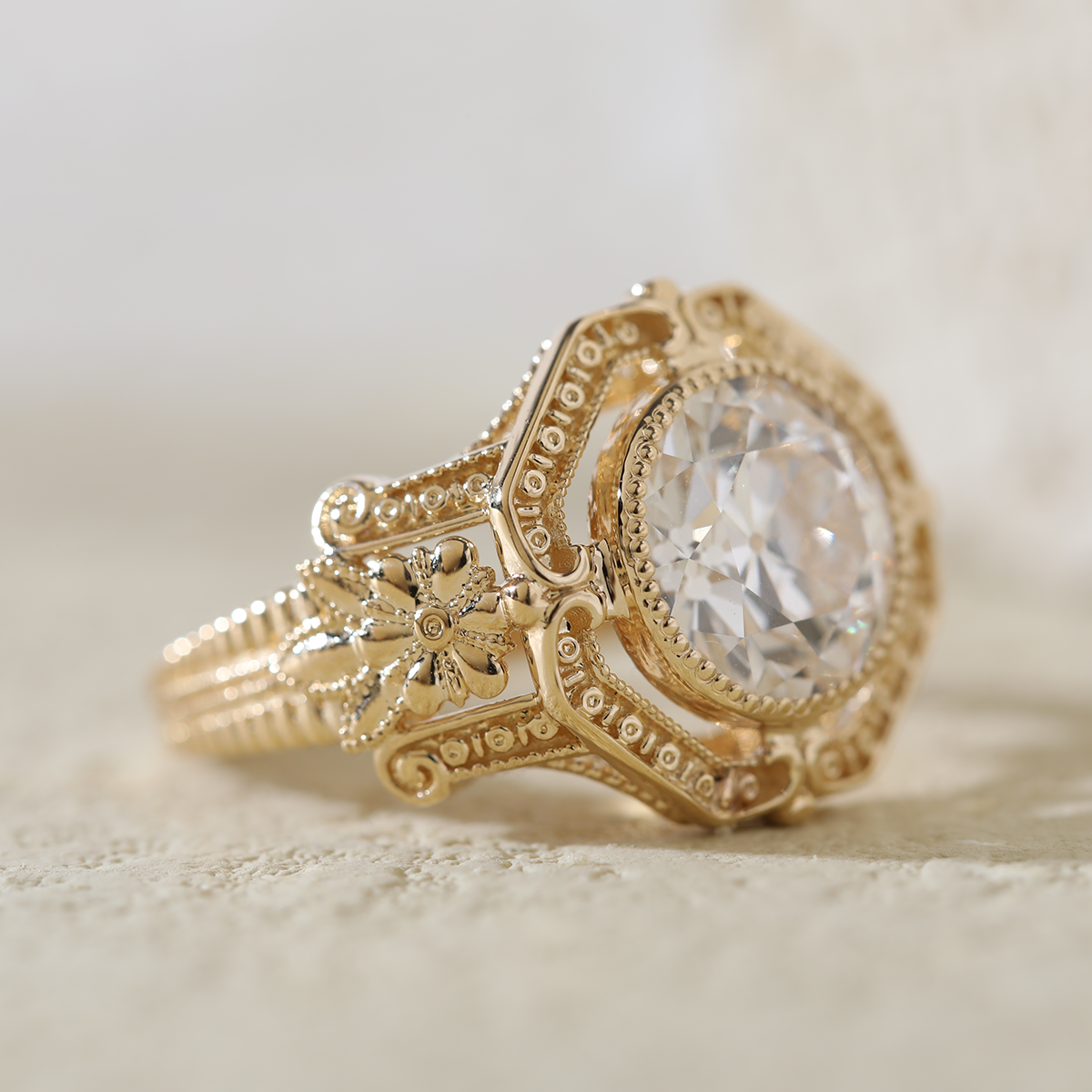 14K Yellow Gold 3ct Old European Cut Lab Diamond Millegrain Bezel Vintage Engraved Ring - Art Deco Style