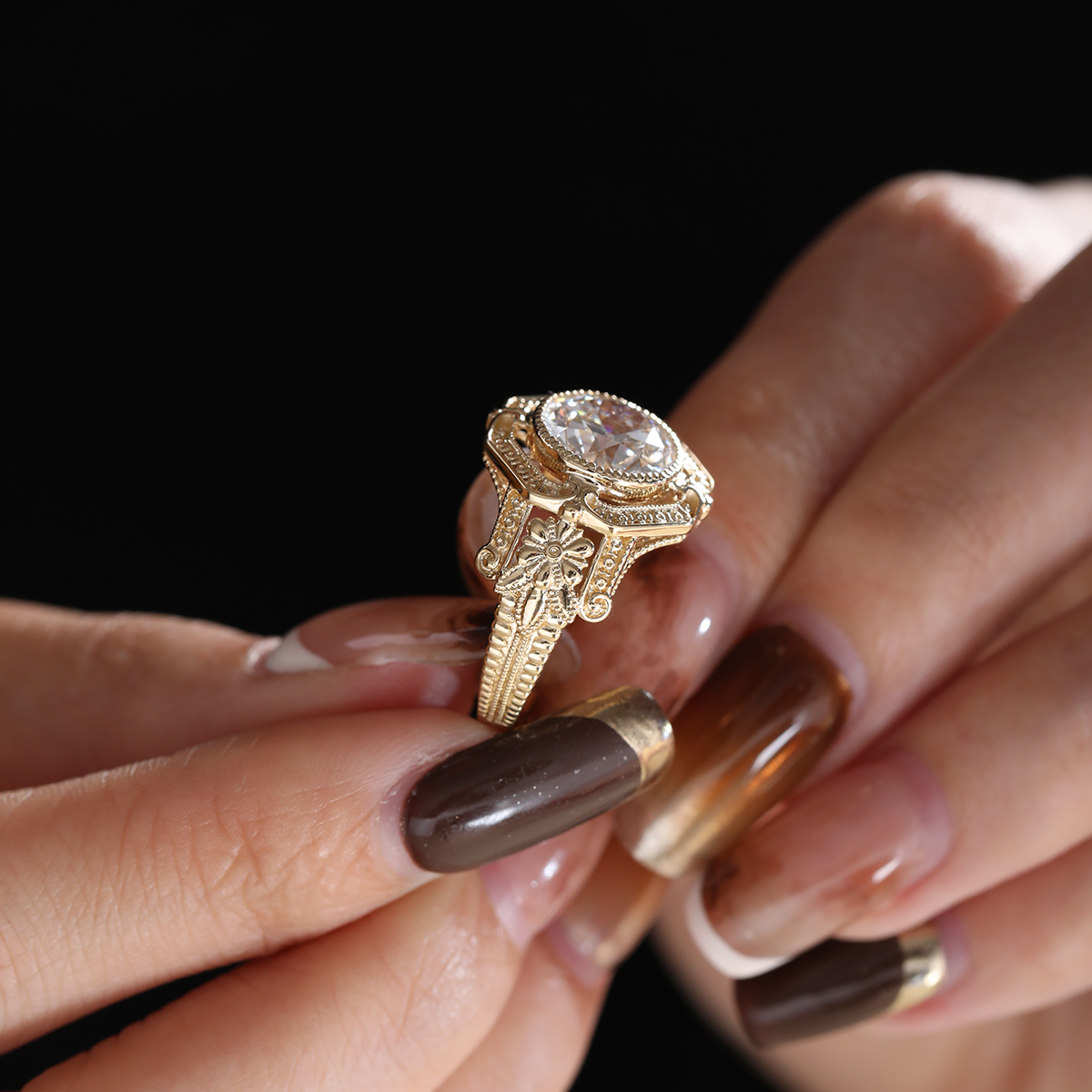 14K Yellow Gold 3ct Old European Cut Lab Diamond Millegrain Bezel Vintage Engraved Ring - Art Deco Style
