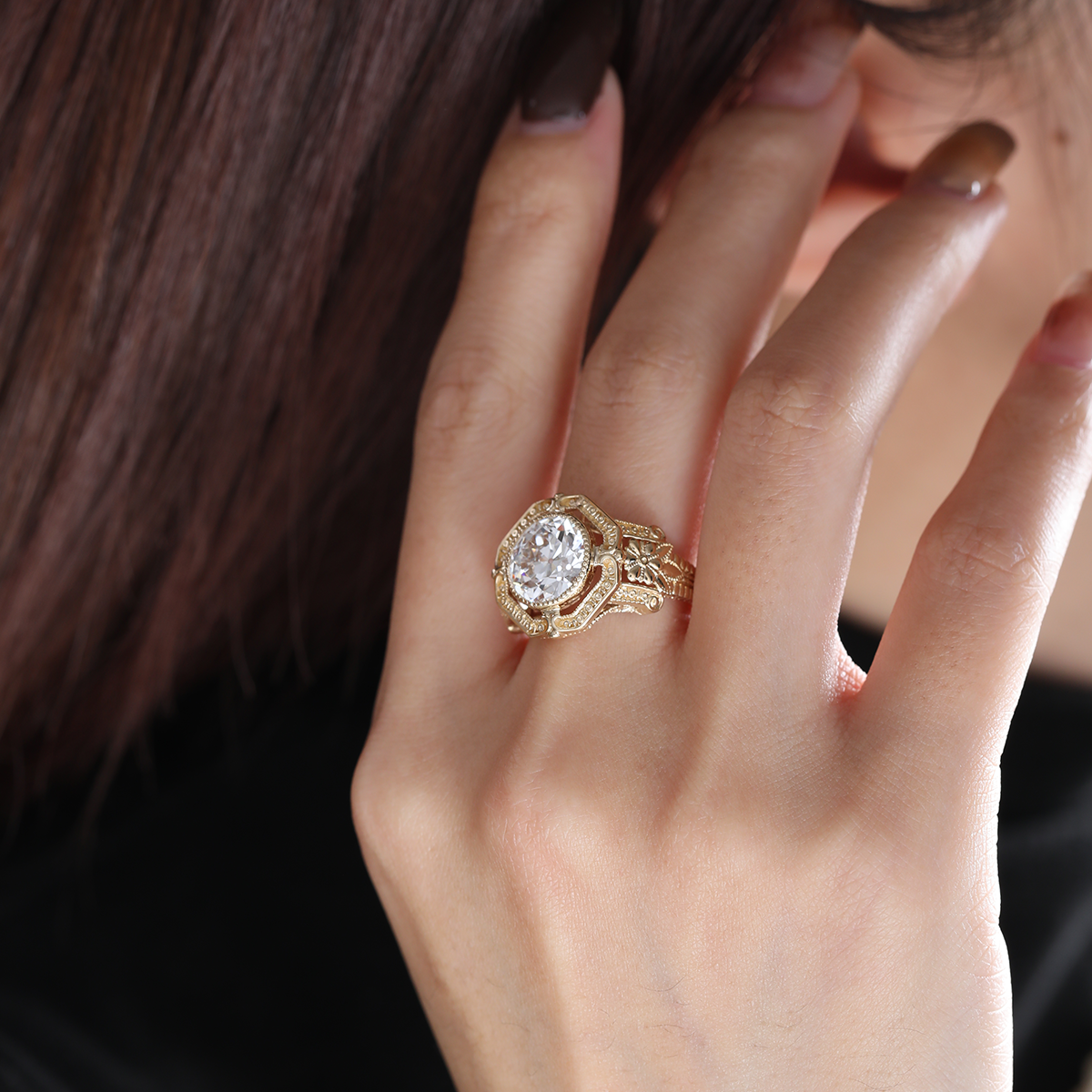14K Yellow Gold 3ct Old European Cut Lab Diamond Millegrain Bezel Vintage Engraved Ring - Art Deco Style