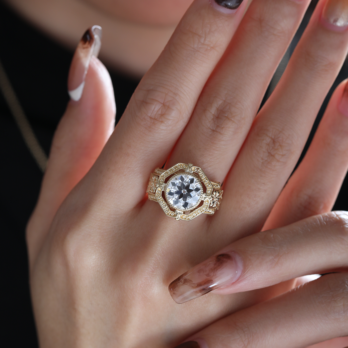 14K Yellow Gold 3ct Old European Cut Lab Diamond Millegrain Bezel Vintage Engraved Ring - Art Deco Style
