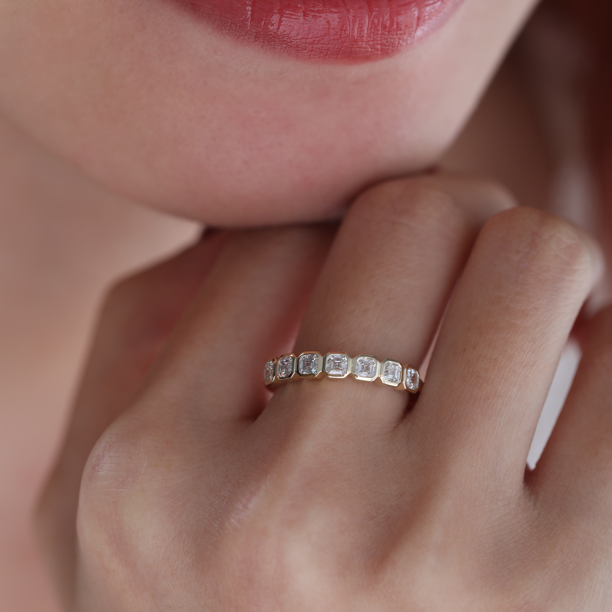 14K Yellow Gold Asscher Cut Lab Diamond 7 Stone Bezel Half Eternity Ring