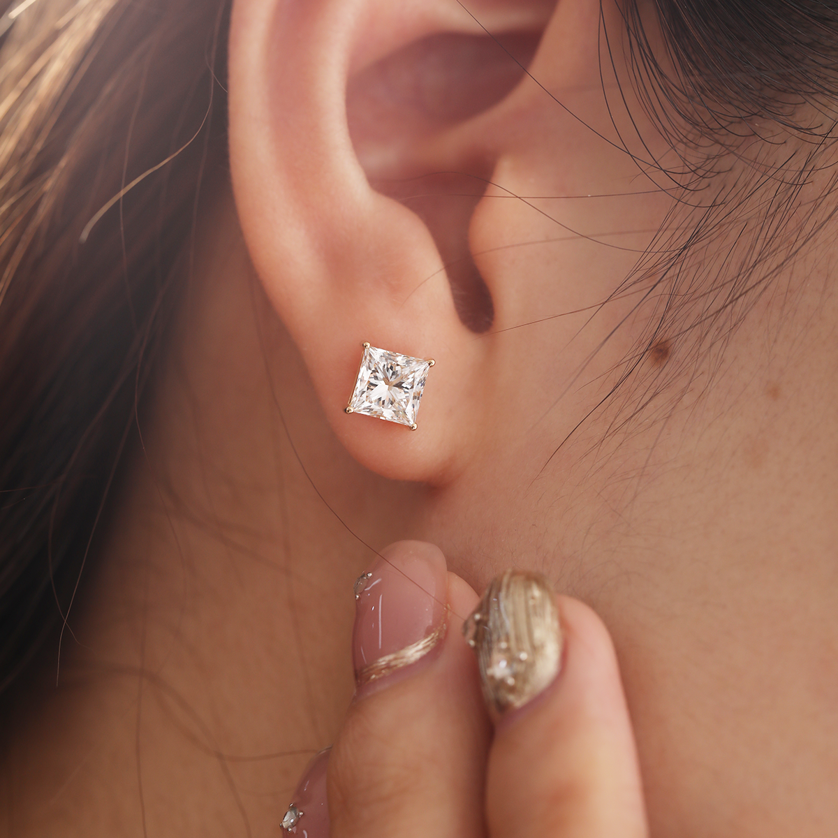 18K Yellow Gold Princes Cut Lab diamond Stud Earrings