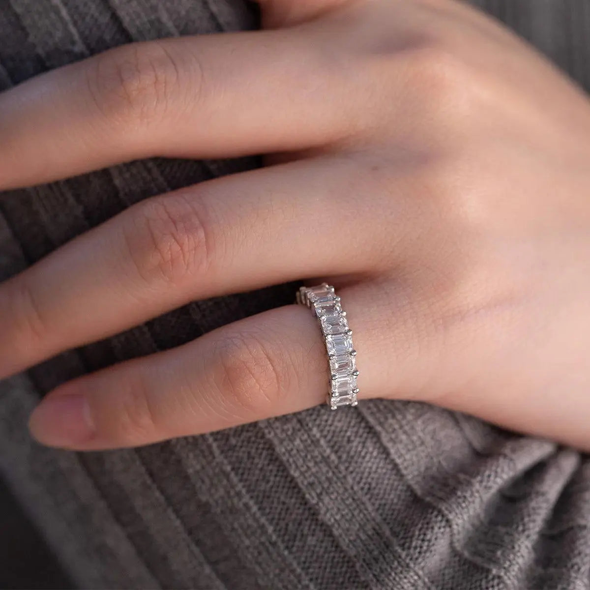 Platinum 4*3mm Emerald Cut Lab Diamond Half Eternity Ring