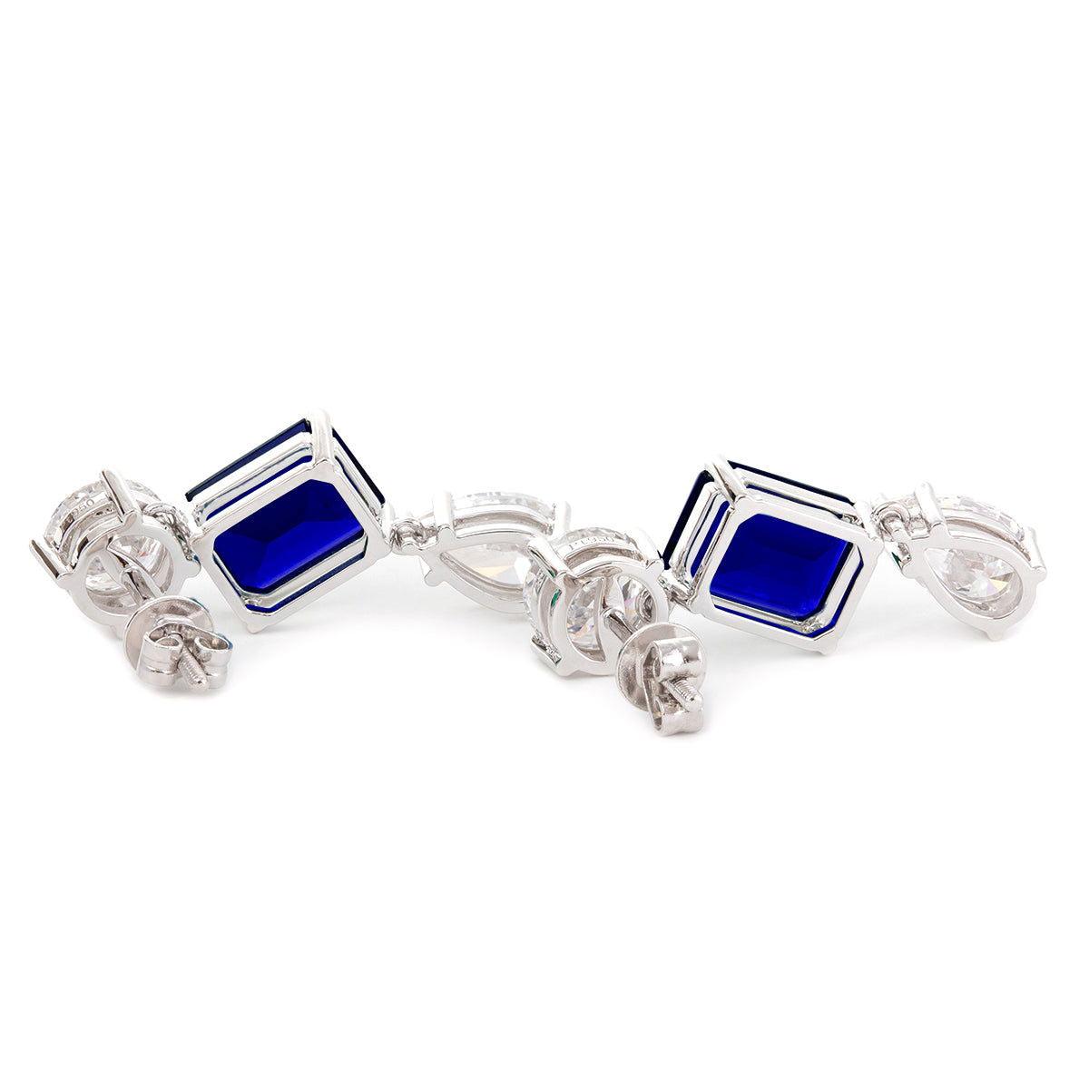 Platinum 7ct tw Old European Cut & Pear Lab Diamond Emerald Cut Sapphire Stud Earrings