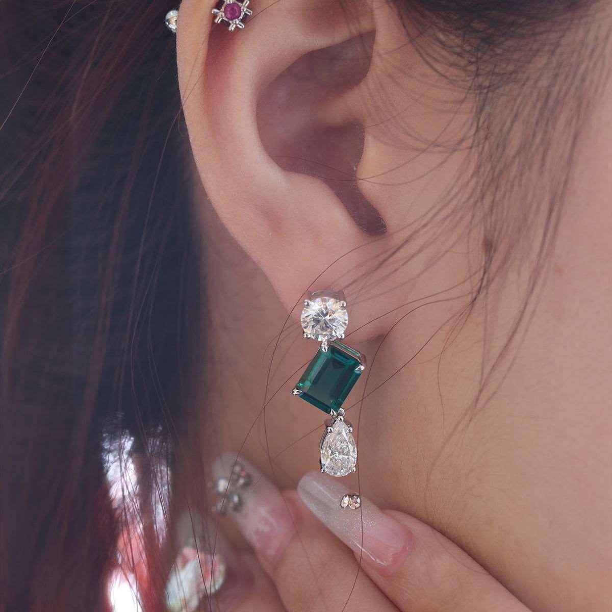 Platinum 7 ct tw Lab Zambian Emerald Round & Pear Lab Diamond Stud Earrings