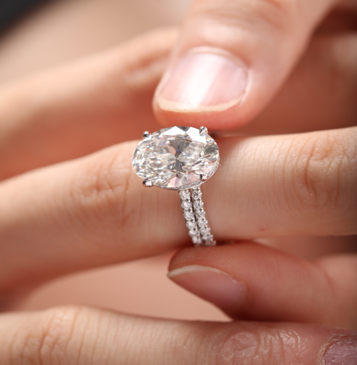 14K White Gold 4ct Oval Cut Lab Diamond Hidden Halo Bridal Set Rings with 3/4 Circle of Round Lab Diamond Pave