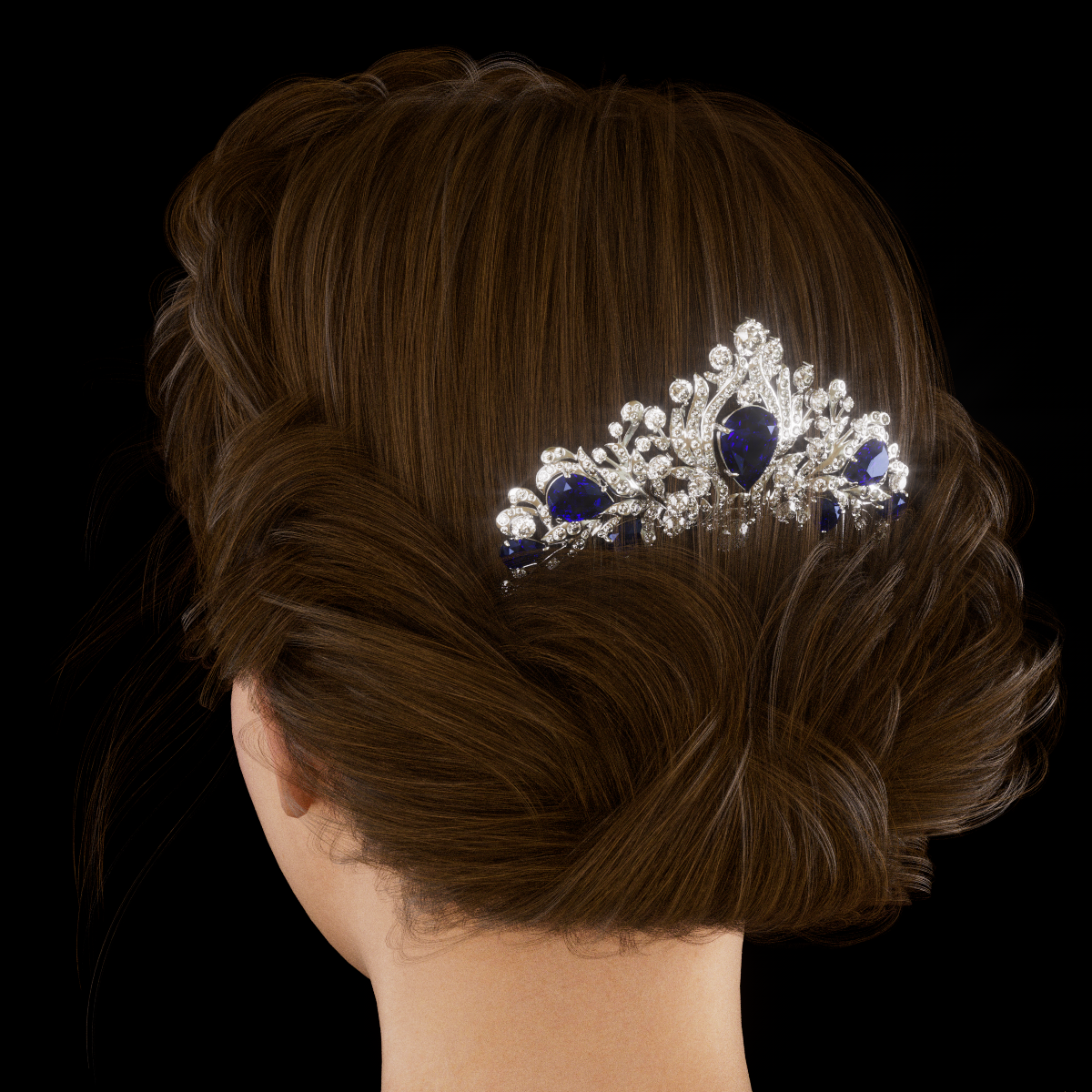 14K White Gold Pear Lab Sapphire and Round Lab Diamond Floral Crown Vintage Bridal Comb