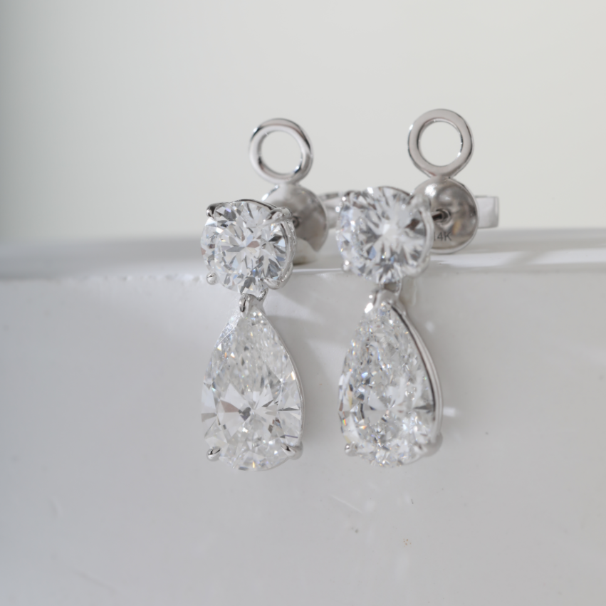 6 ct tw Pear and Round Lab Diamond Claw Prong Basket Drop Stud Earrings