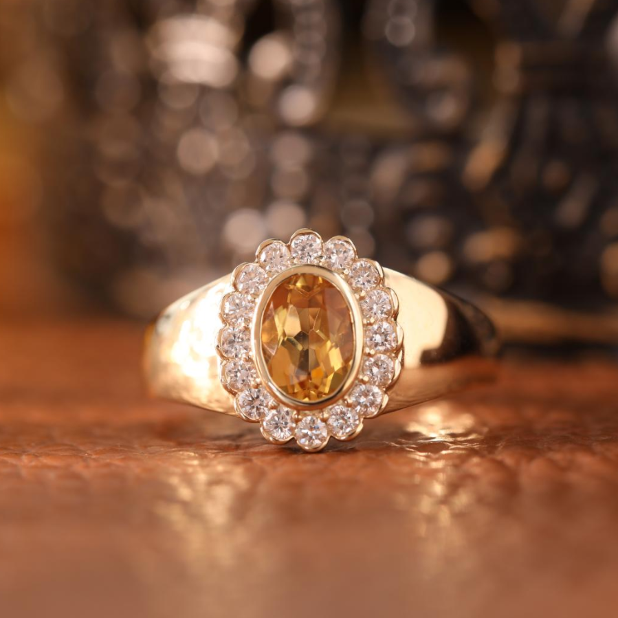 7*5mm Oval Natural Citrine Bezel Flower Ring with Round Lab Diamond Halo — Art Nouveau Nature-Inspired