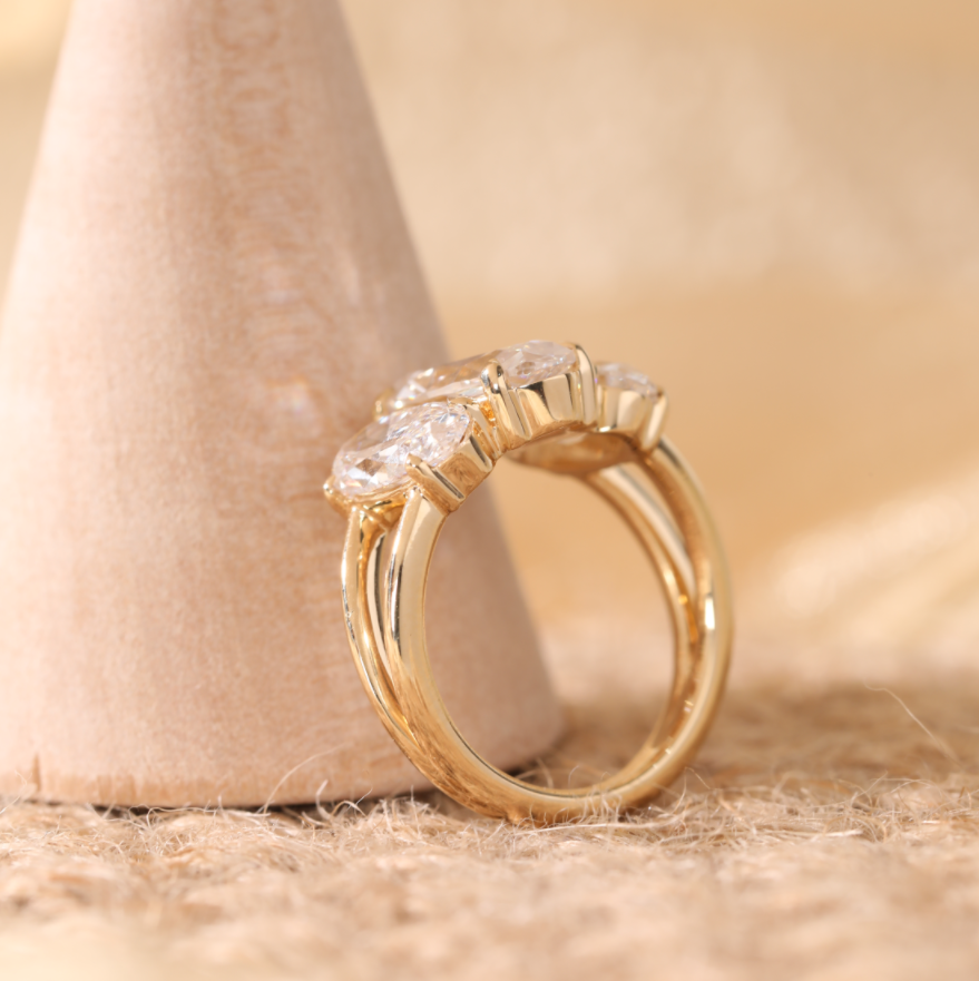 18K Yellow Gold 3.5 ct tw Elongated Oval Old Mine Cut Lab Diamond Victoran-Style Three Stone Ring with Split Band Design