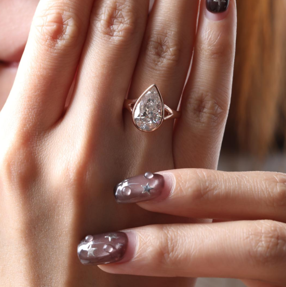Pear Cut Lab Diamond Bezel Basket Solitaire Ring — Split Band Design