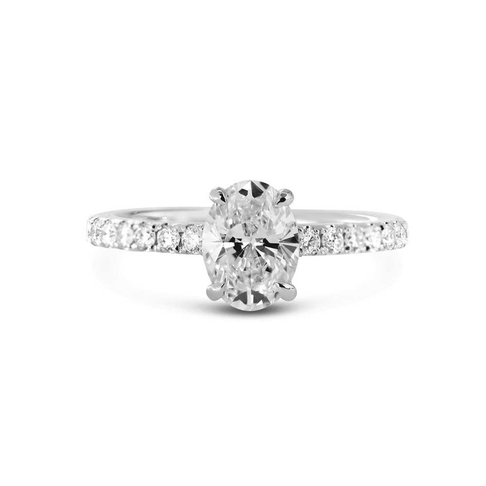 1 CT Oval Cut Lab Diamond 4 - Claw Basket Engagement Ring with Round Lab Diamond Pavé and 7 - Stone V - Shaped Ring Enhancer — Bridal Ring Set - FIORESE JEWELRY