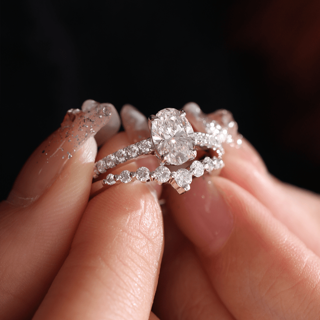 1 CT Oval Cut Lab Diamond 4 - Claw Basket Engagement Ring with Round Lab Diamond Pavé and 7 - Stone V - Shaped Ring Enhancer — Bridal Ring Set - FIORESE JEWELRY