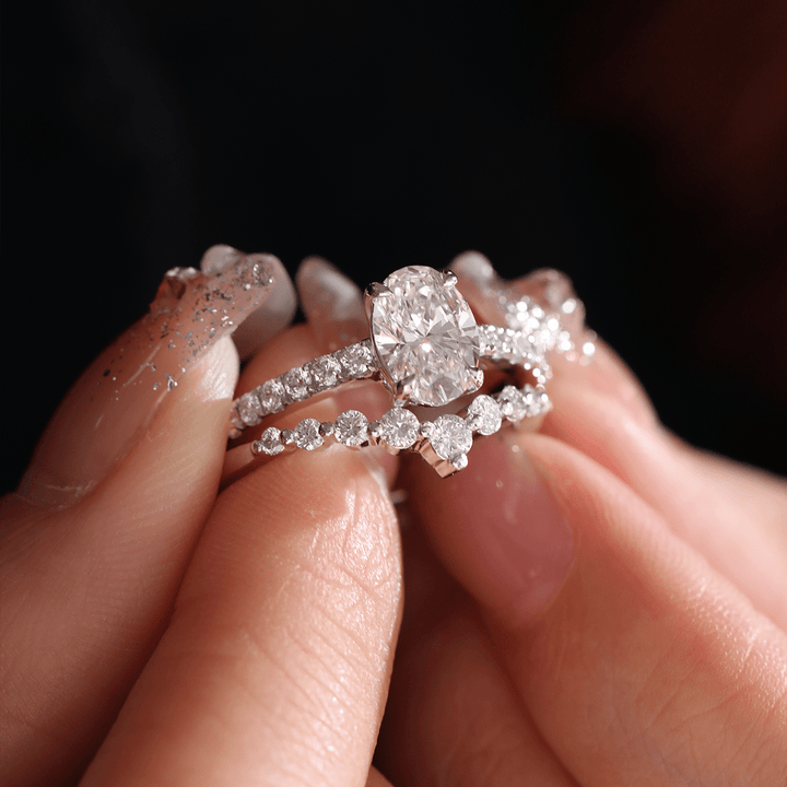 1 CT Oval Cut Lab Diamond 4 - Claw Basket Engagement Ring with Round Lab Diamond Pavé and 7 - Stone V - Shaped Ring Enhancer — Bridal Ring Set - FIORESE JEWELRY