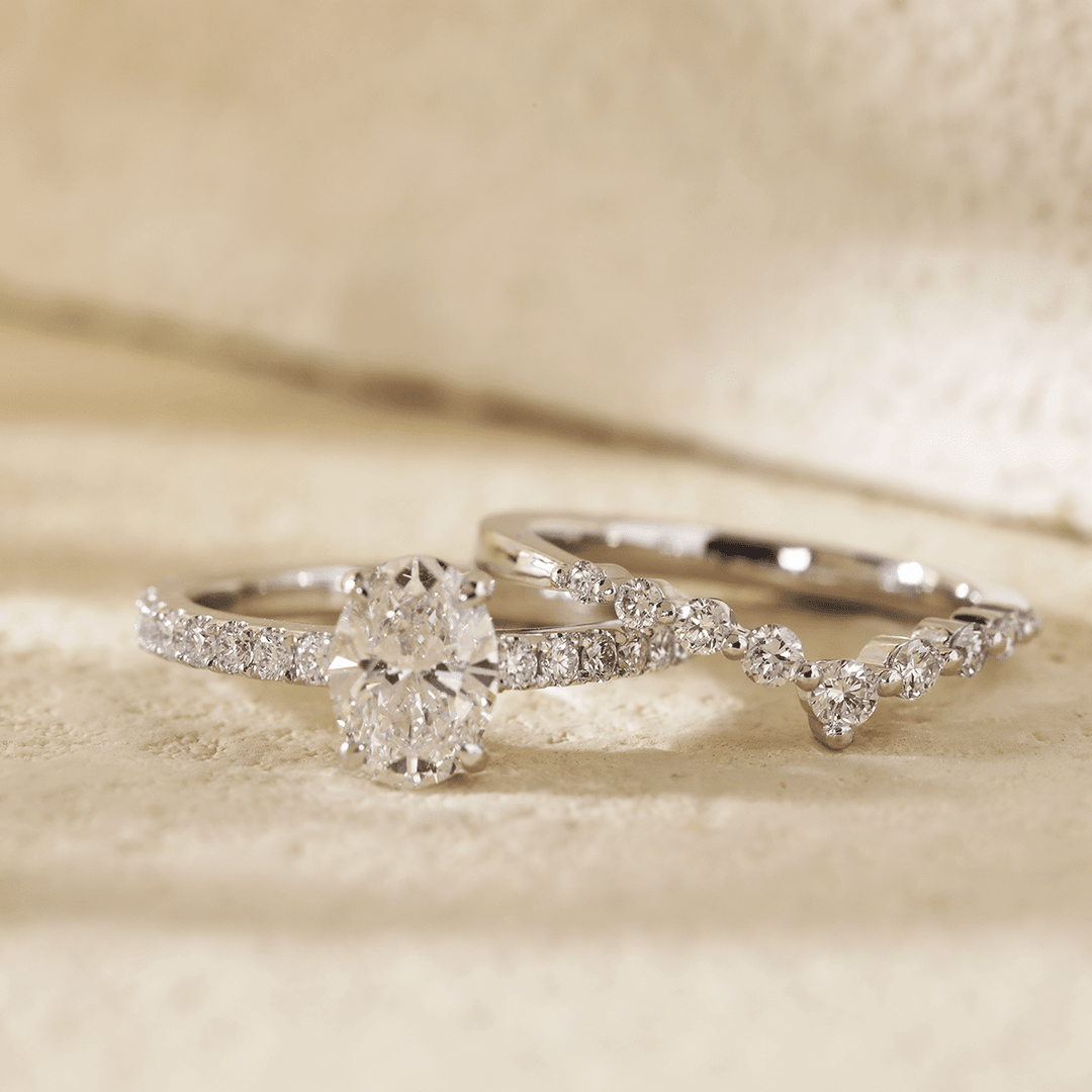 1 CT Oval Cut Lab Diamond 4 - Claw Basket Engagement Ring with Round Lab Diamond Pavé and 7 - Stone V - Shaped Ring Enhancer — Bridal Ring Set - FIORESE JEWELRY