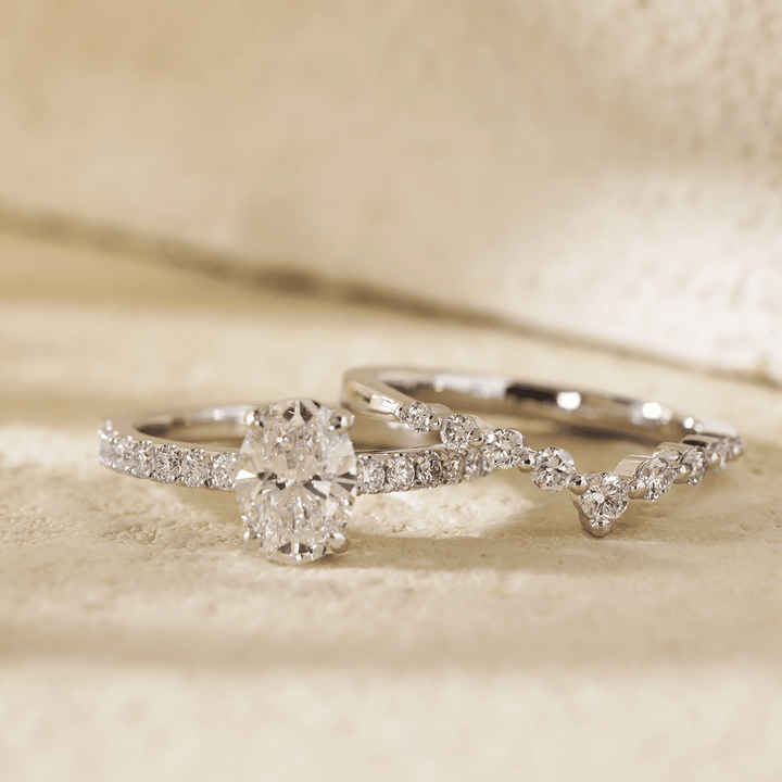 1 CT Oval Cut Lab Diamond 4 - Claw Basket Engagement Ring with Round Lab Diamond Pavé and 7 - Stone V - Shaped Ring Enhancer — Bridal Ring Set - FIORESE JEWELRY