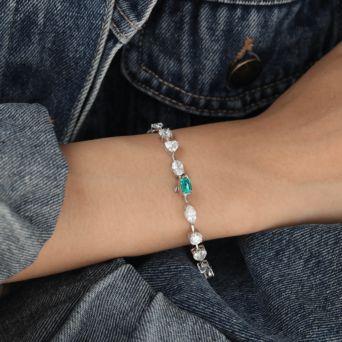 10 CT TW Lab Diamond & Lab Emerald Tennis Bracelet with Six Shapes - FIORESE JEWELRY