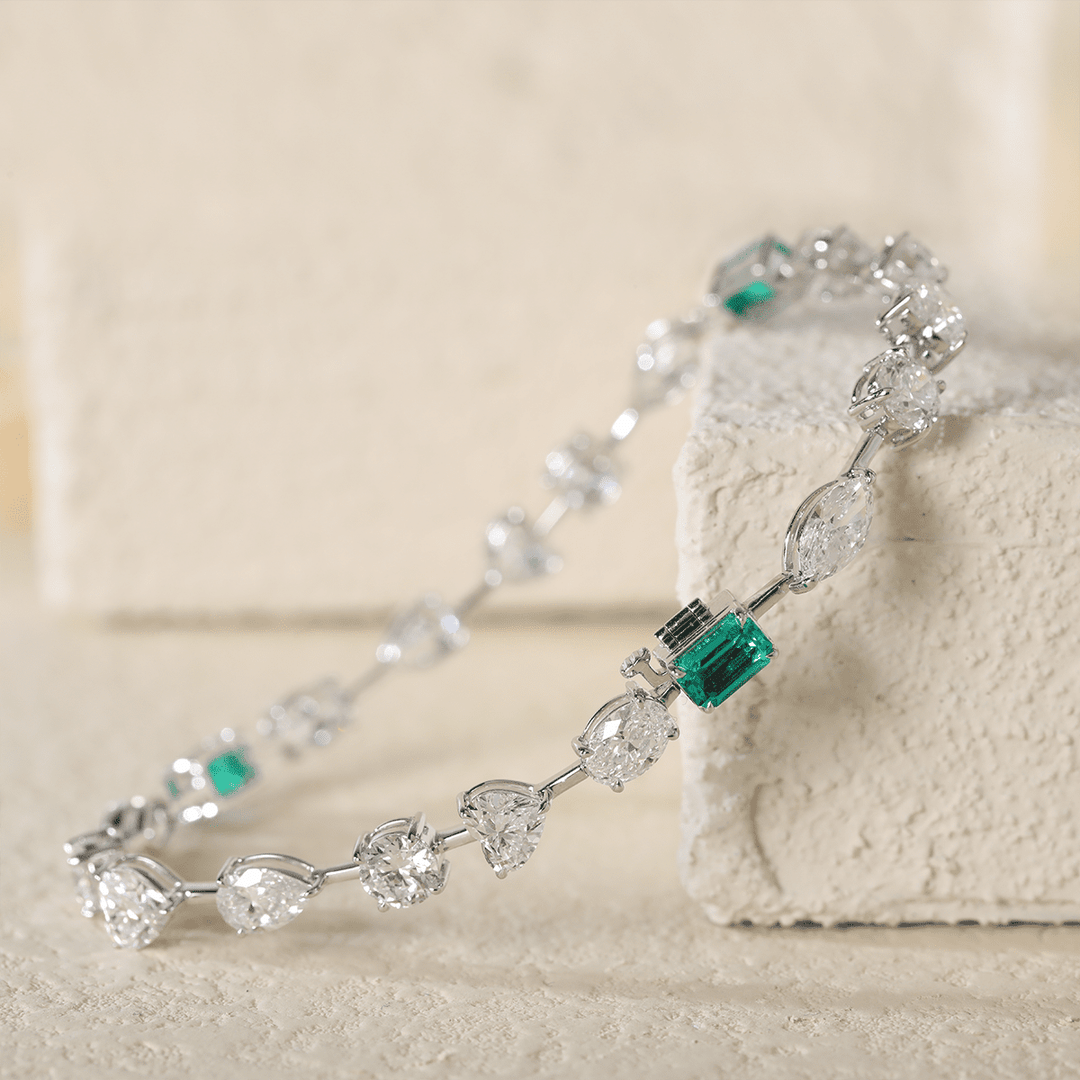 10 CT TW Lab Diamond &amp; Lab Emerald Tennis Bracelet with Six Shapes - FIORESE JEWELRY