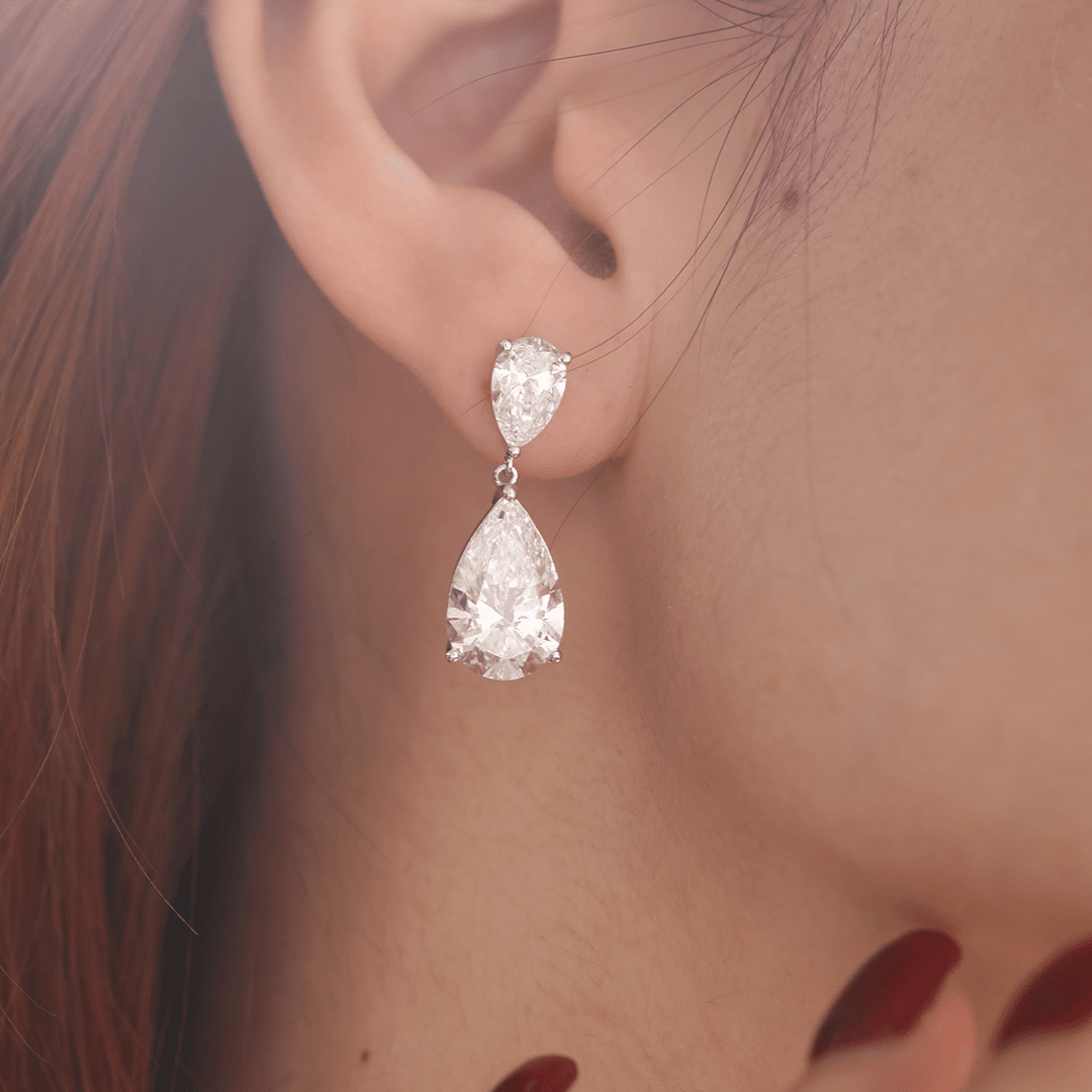 10 ct tw Pear Shaped Lab Diamond Basket Setting Dangle Stud Earrings - FIORESE JEWELRY