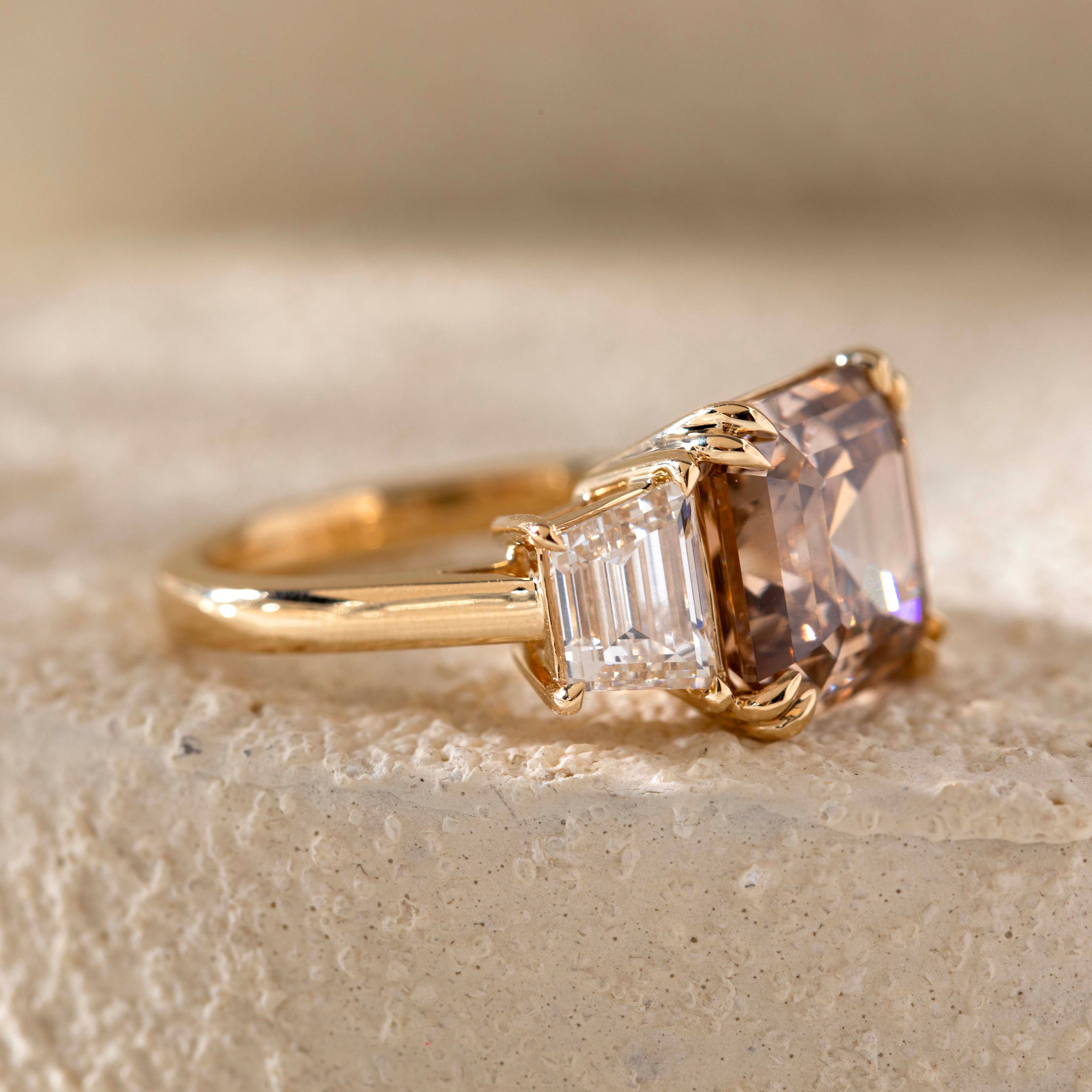 14K Yellow Gold 7ct Asscher Cut Brown Lab Diamond Double Claw Prongs Three-stone Ring with Two Trapezoid Step Cut Diamonds
